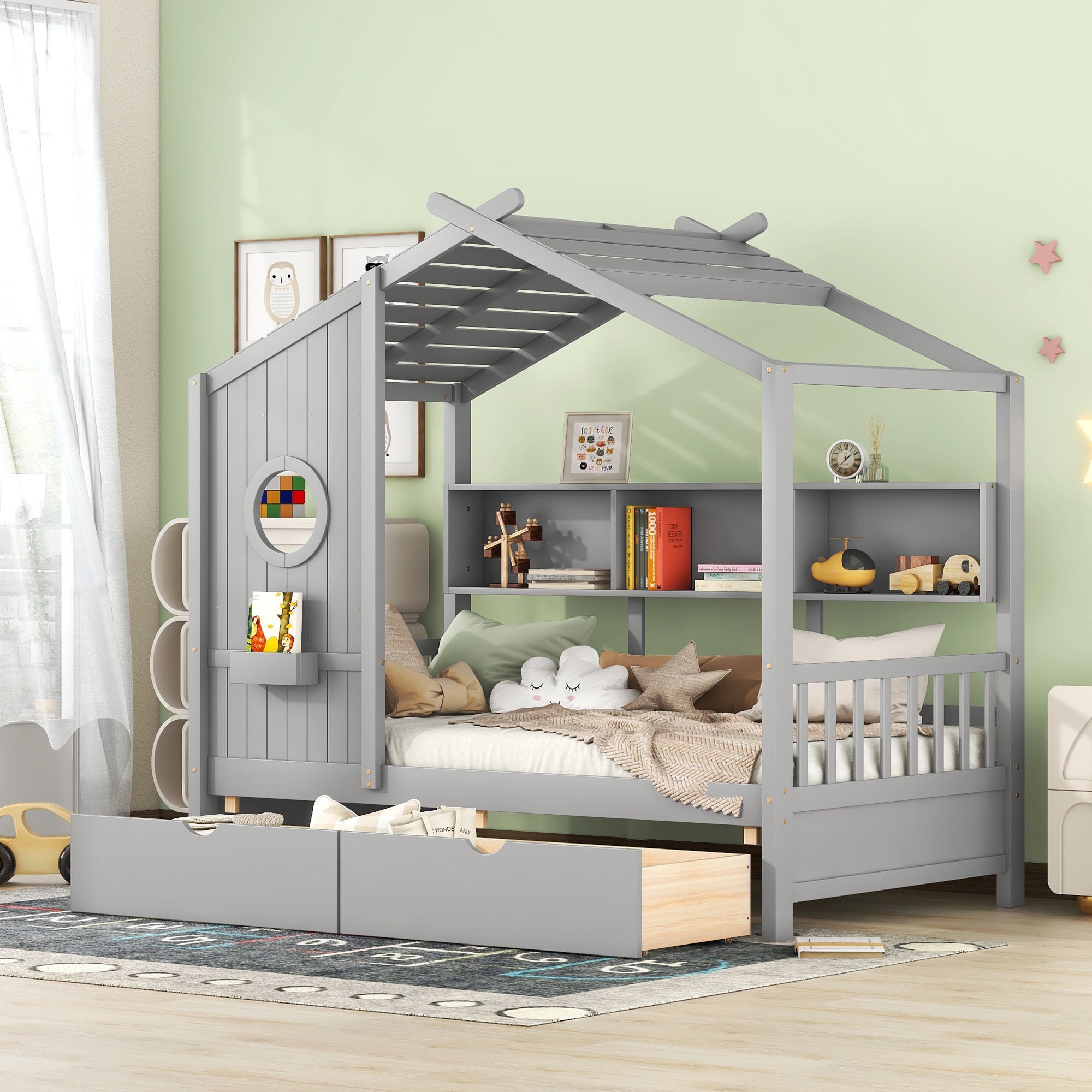 Wooden Twin Size House Bed with 2 Drawers