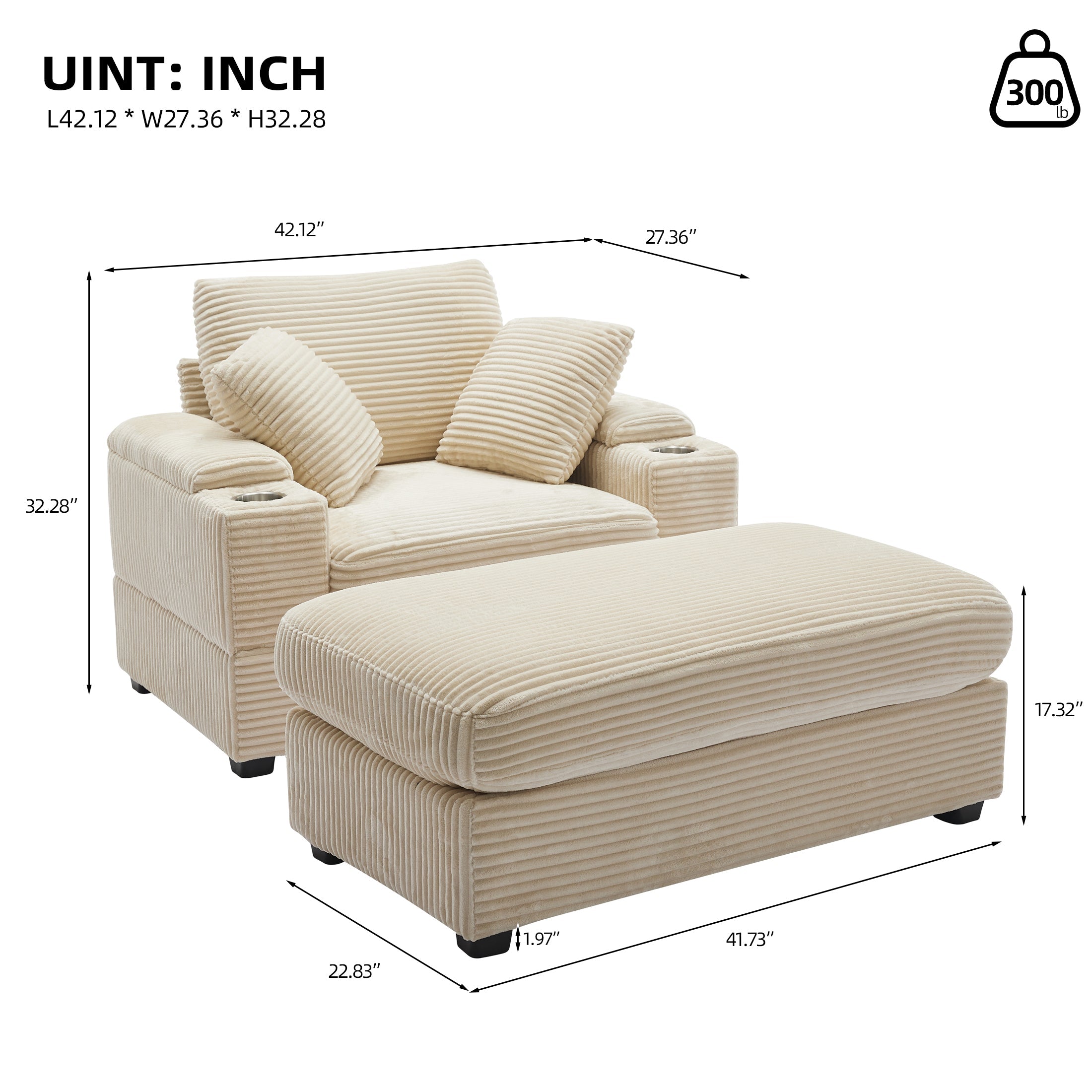 Corduroy Upholstered Chaise Lounge Sofa with Handrail Storage