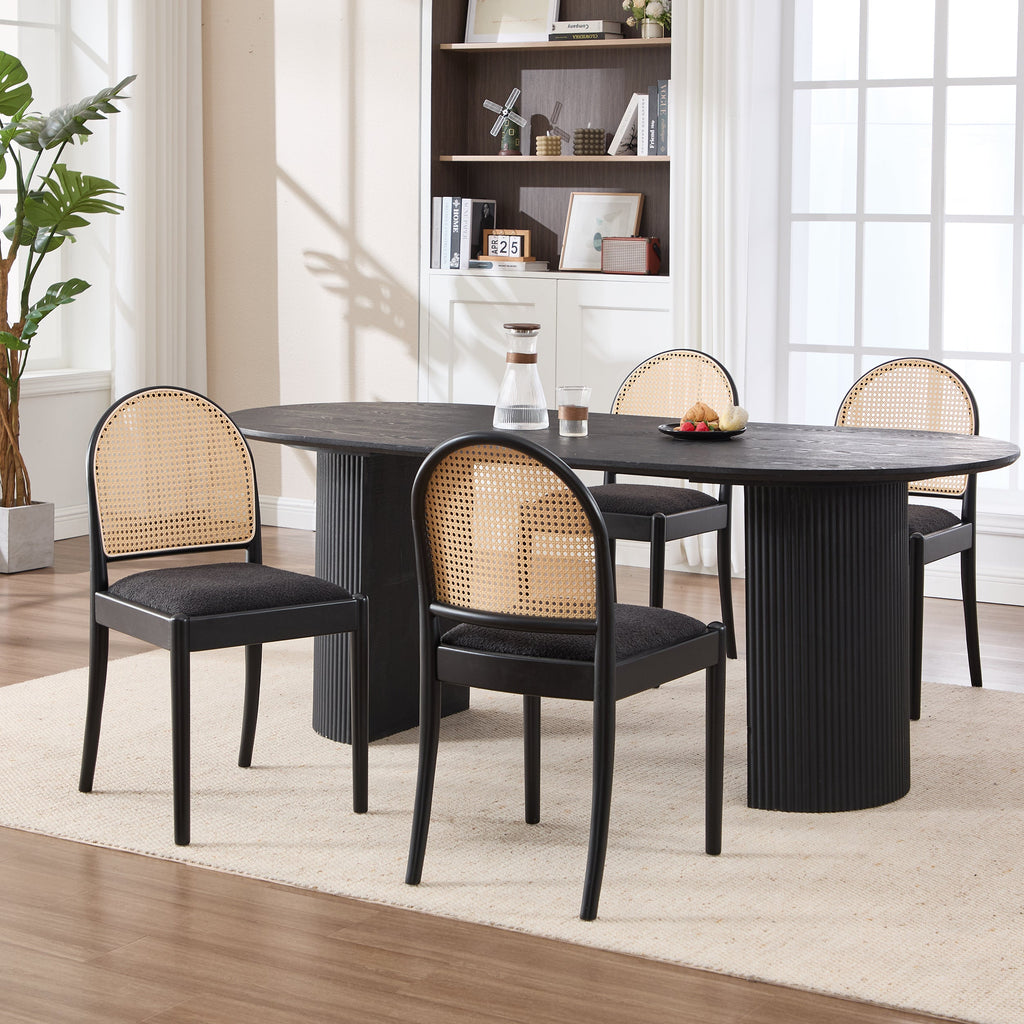 Set of 2 Rattan Dining Chairs Upholstered Linen Modern Wood-Leg Kitchen Chairs