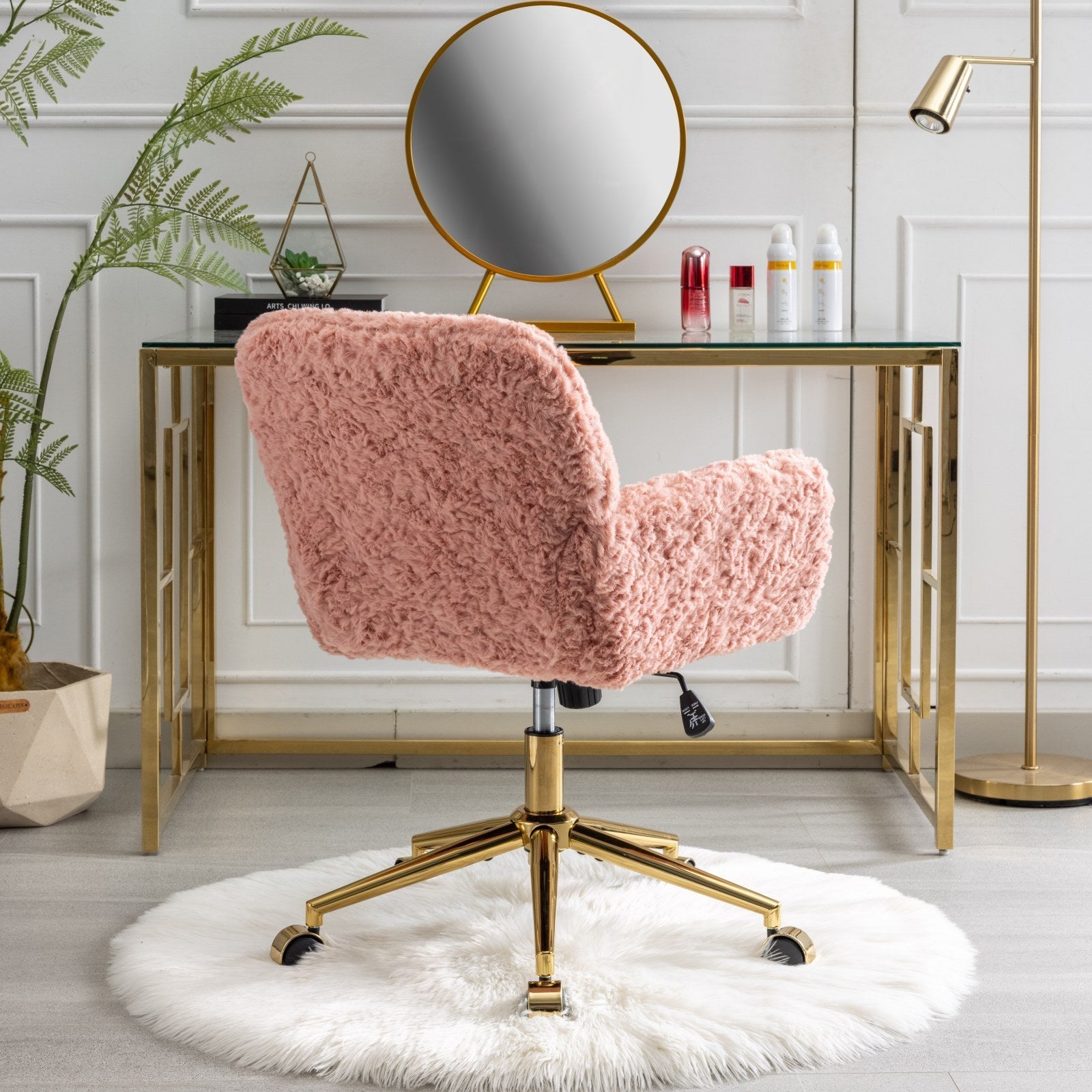 Artificial Rabbit Hair Home Office Chair with Golden Metal Base