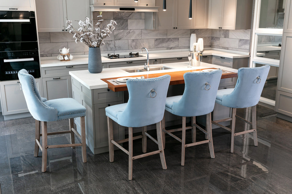 Contemporary Velvet Upholstered Barstools with Button Tufted Decoration (Set of 2)