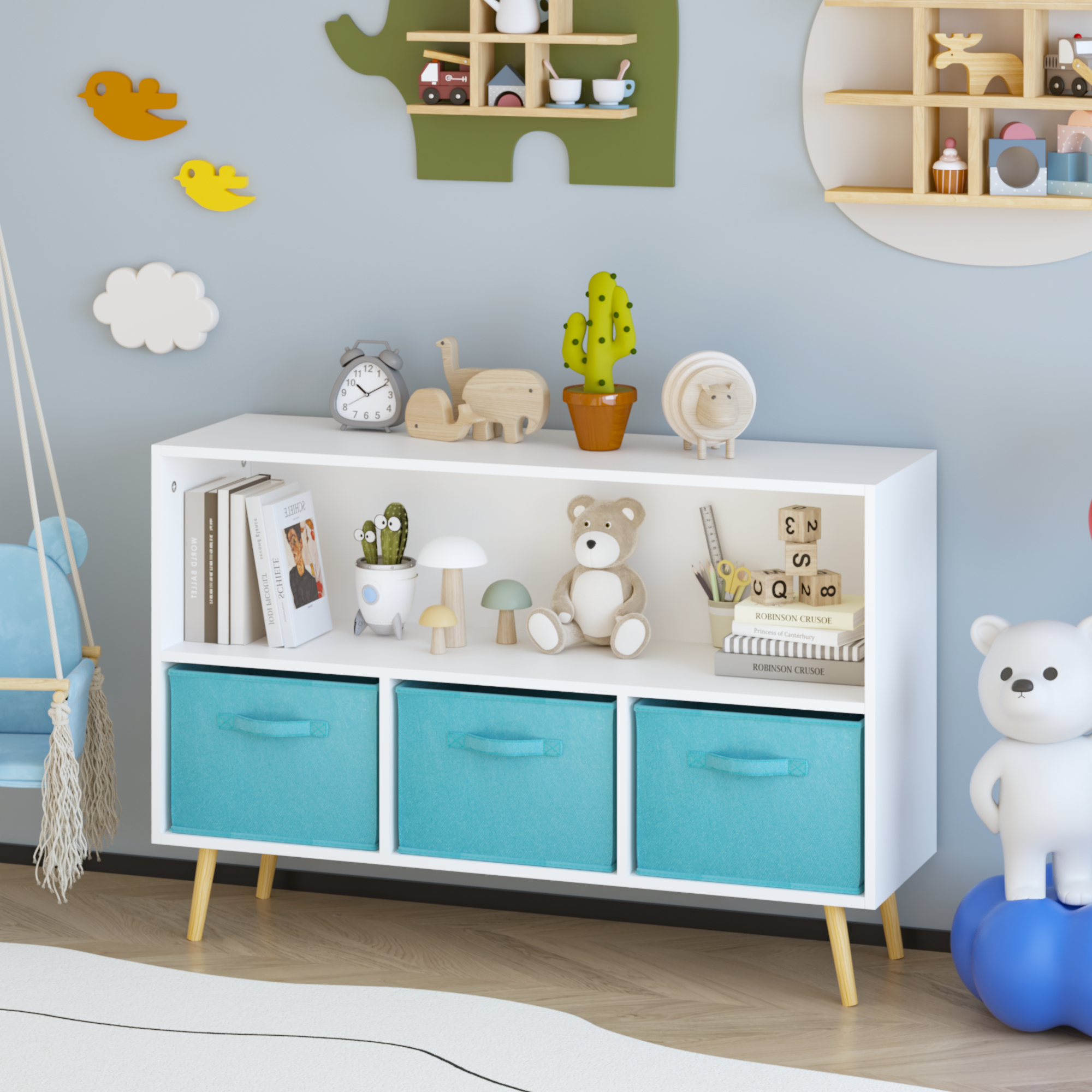 Children's Book Display Kids Bookcase with 3 Fabric Bins