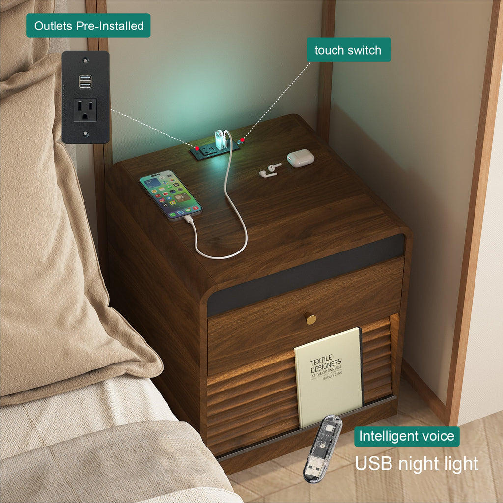 Smart Nightstand with Charging Station & Voice-Controlled LED Lights