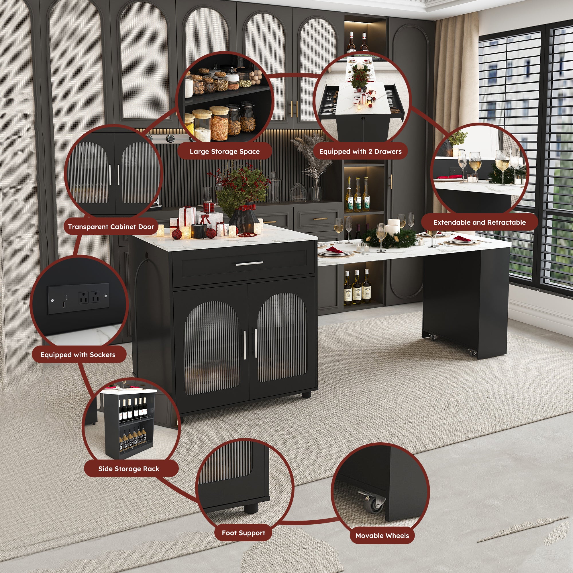 Expandable Kitchen Island with Dining Table