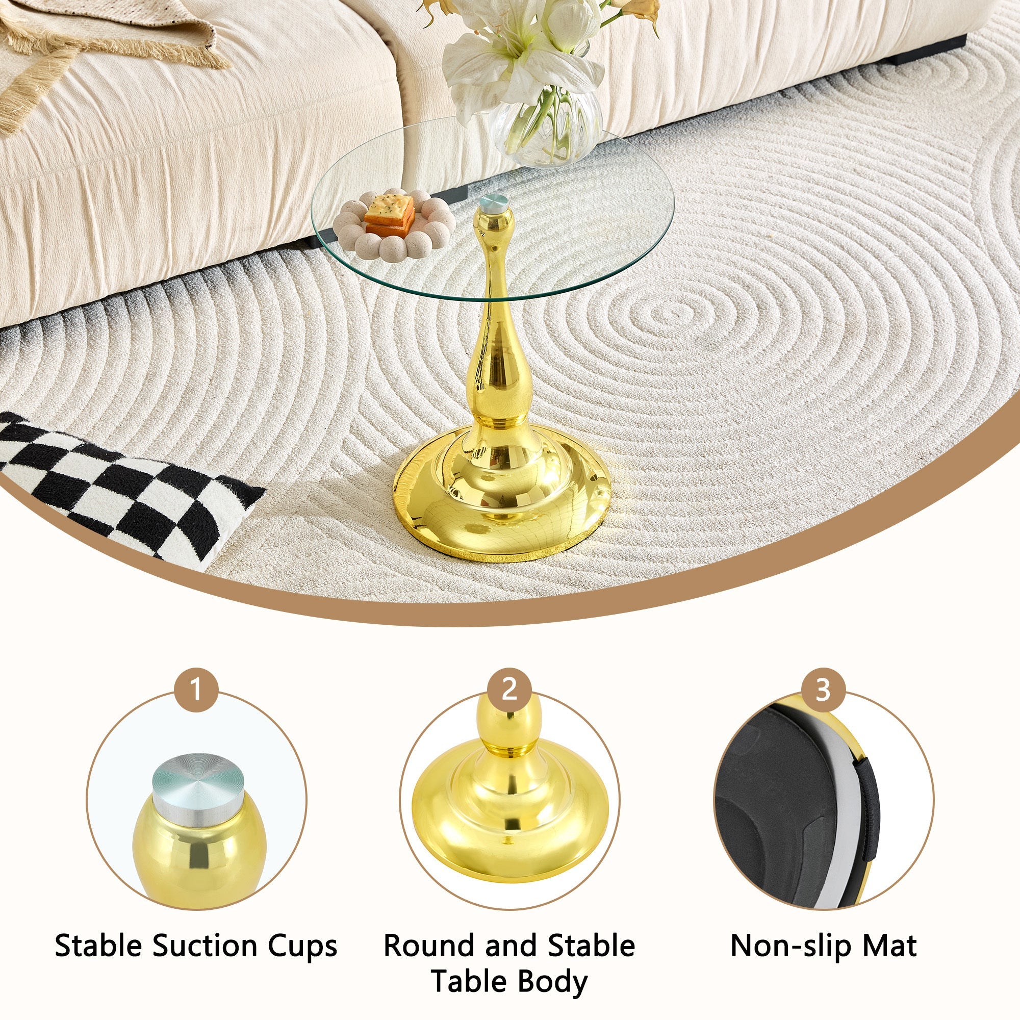 20" Small Luxury Metal Round Side Table with a Glass Top