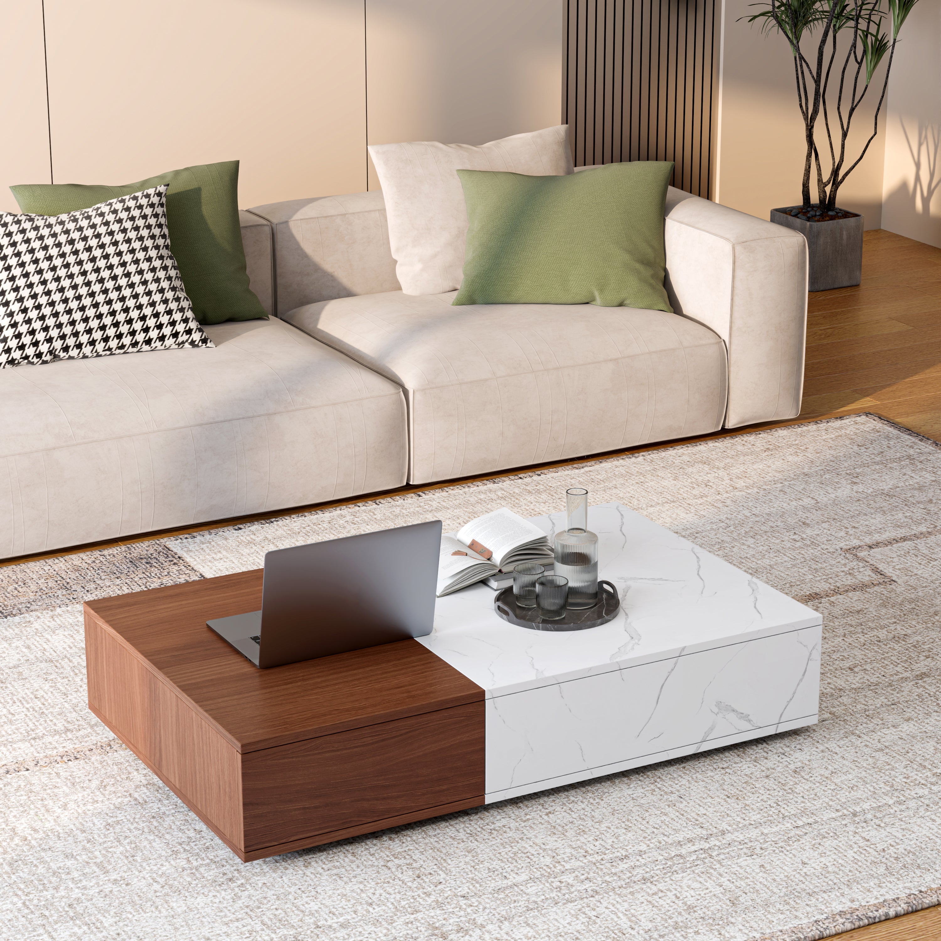 Modern Style Walnut Coffee Table with two Storage Spaces