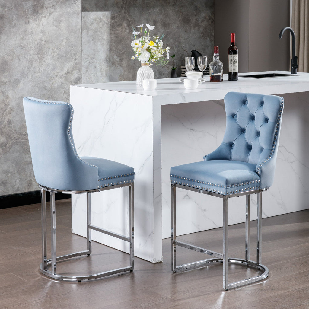 Luxury Elegant Nailhead Trim Tufted Velvet Bar Stools (Set of 2)