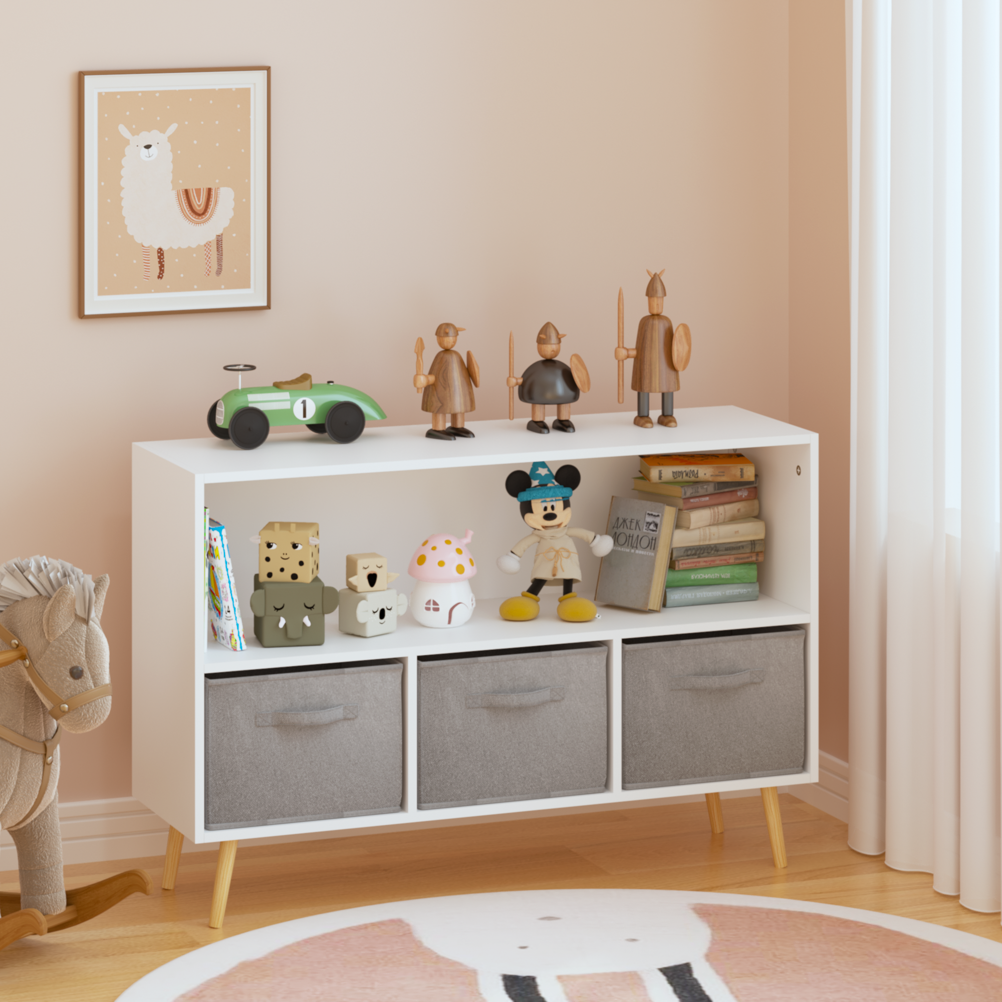 Children's Book Display Kids Bookcase with 3 Fabric Bins