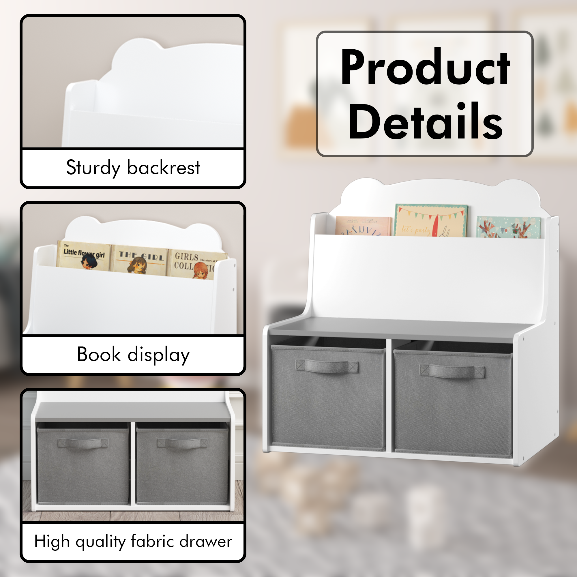 Kids Bookshelf with Storage Bins Wooden Bookcase