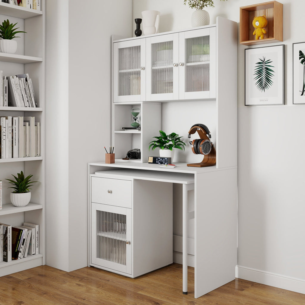 90 Degree Rotating Desktop Computer Desk with Glass Door for Home Office