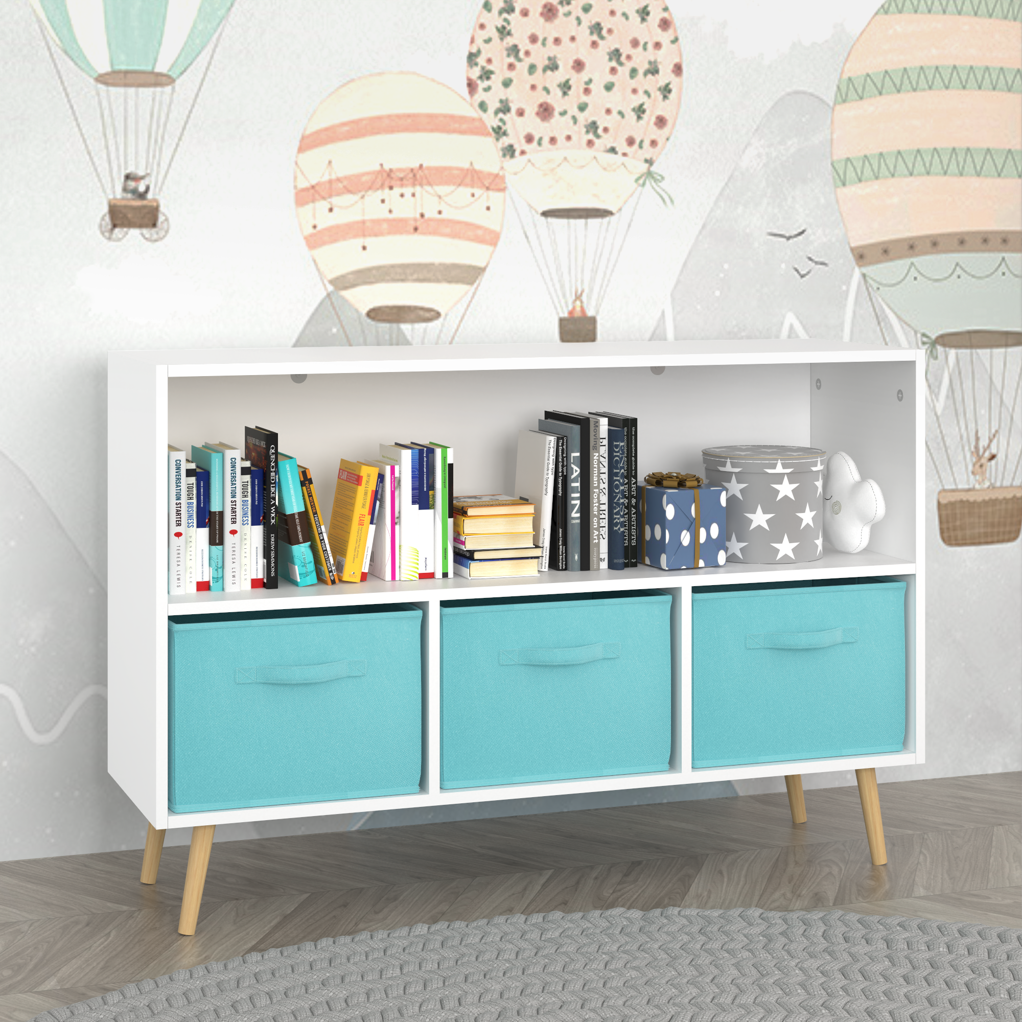 Children's Book Display Kids Bookcase with 3 Fabric Bins