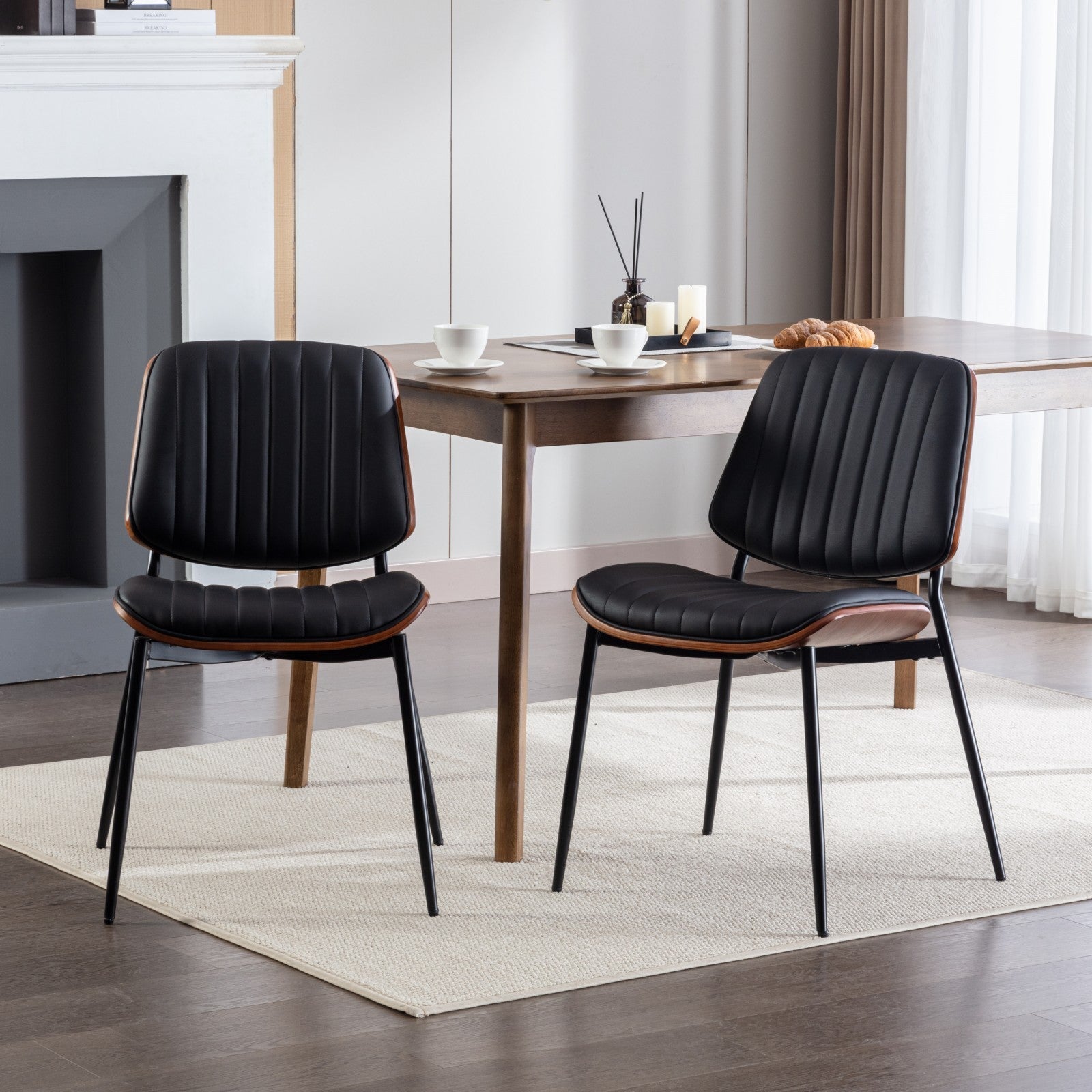 Mid Century Modern Retro Faux Leather Dining Chairs with Walnut Bentwood (Set of 2)