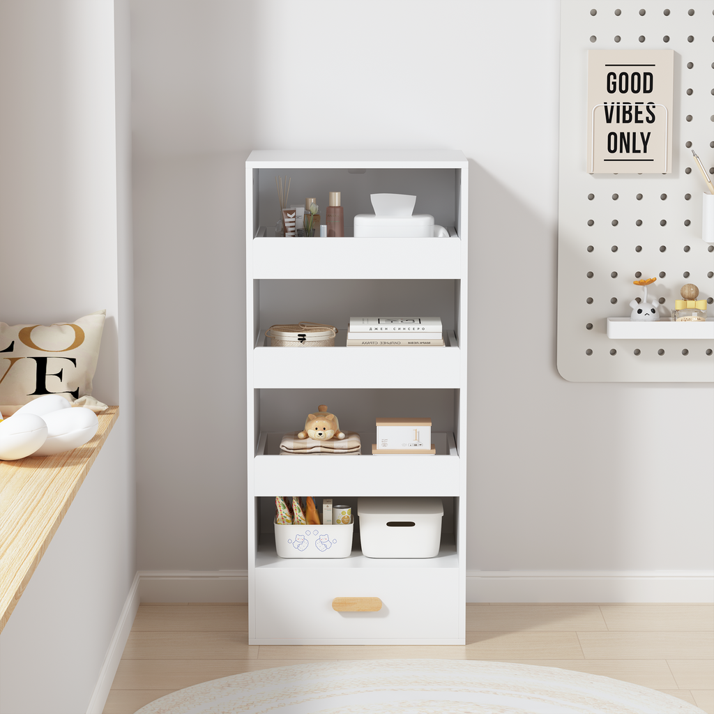 4-Tier Freestanding Bookshelf with 3 Sliding Drawers and 1 Bottom Drawer