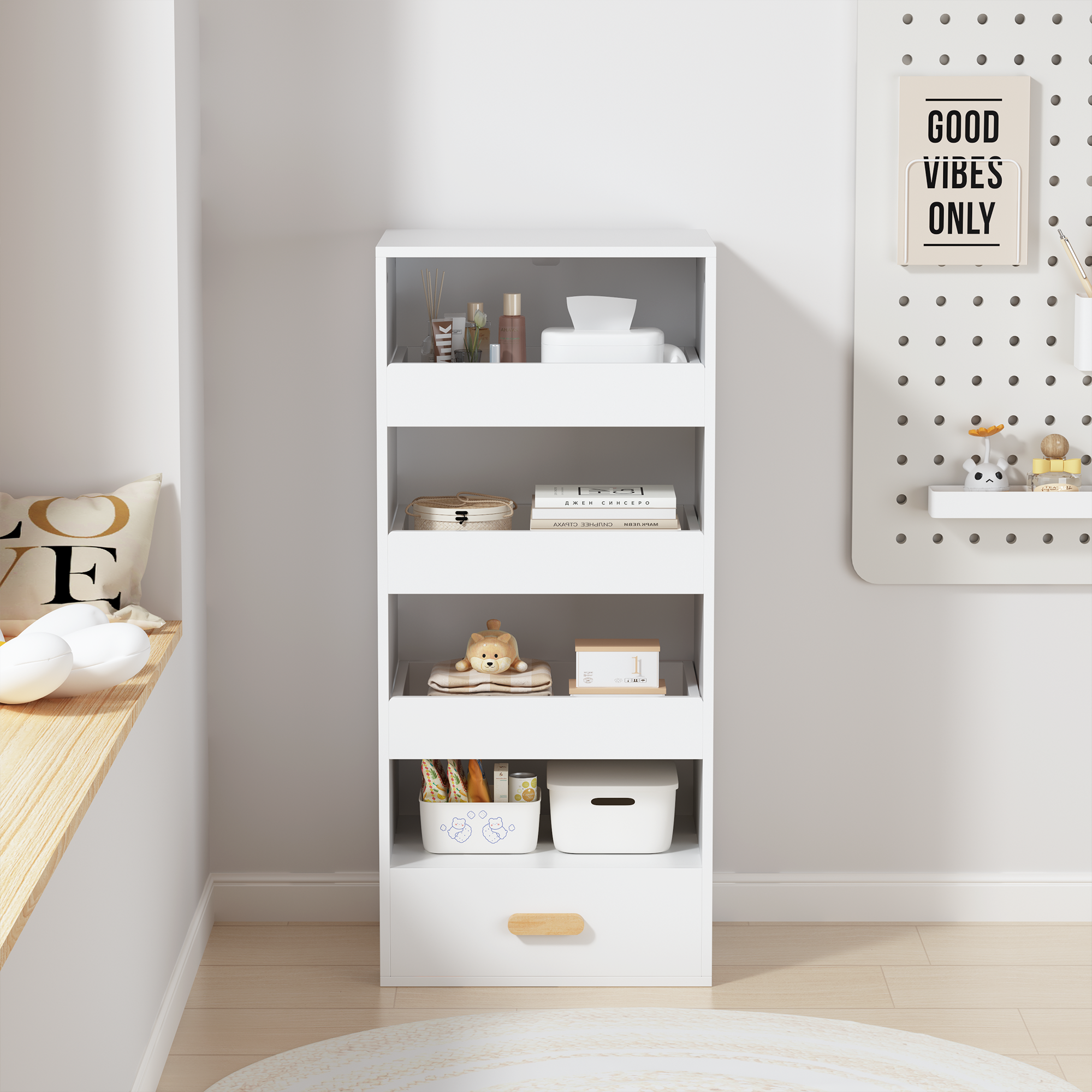 4-Tier Freestanding Bookshelf with 3 Sliding Drawers and 1 Bottom Drawer