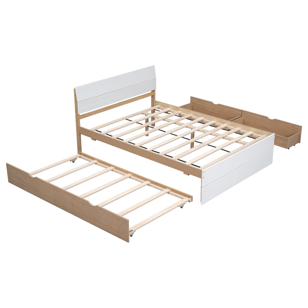 Modern Full Size Bed Frame with Twin Size Trundle and 2 Drawers
