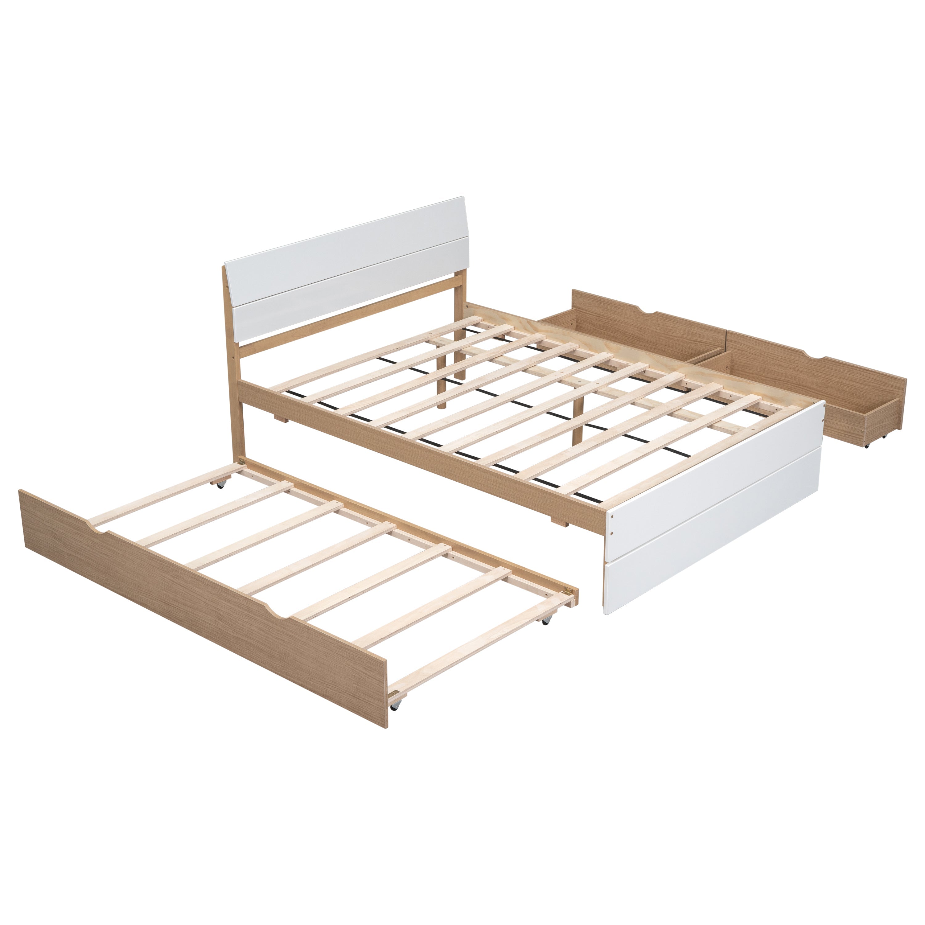 Modern Full Size Bed Frame with Twin Size Trundle and 2 Drawers