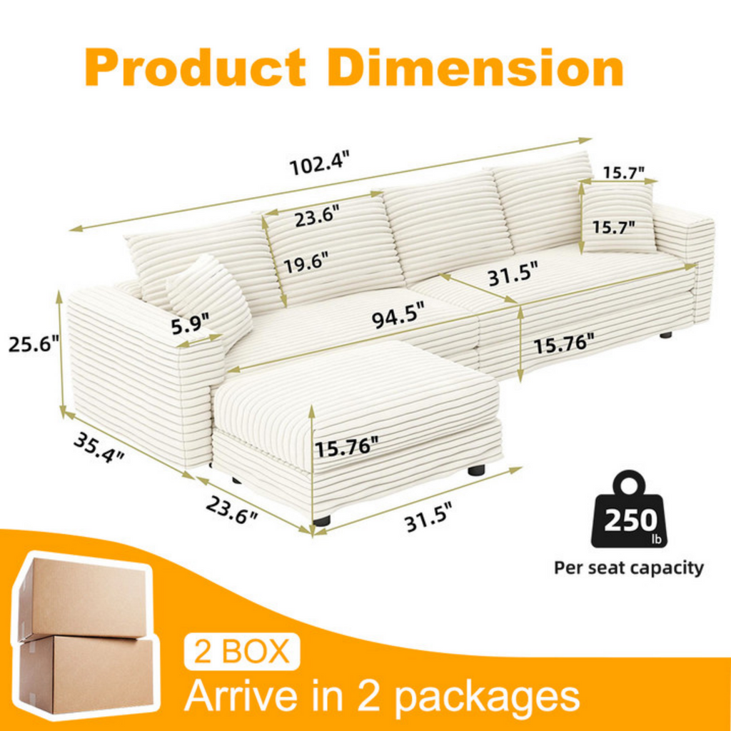 Modern 4 Seat Comfy Upholstered Sofa + Ottoman Option