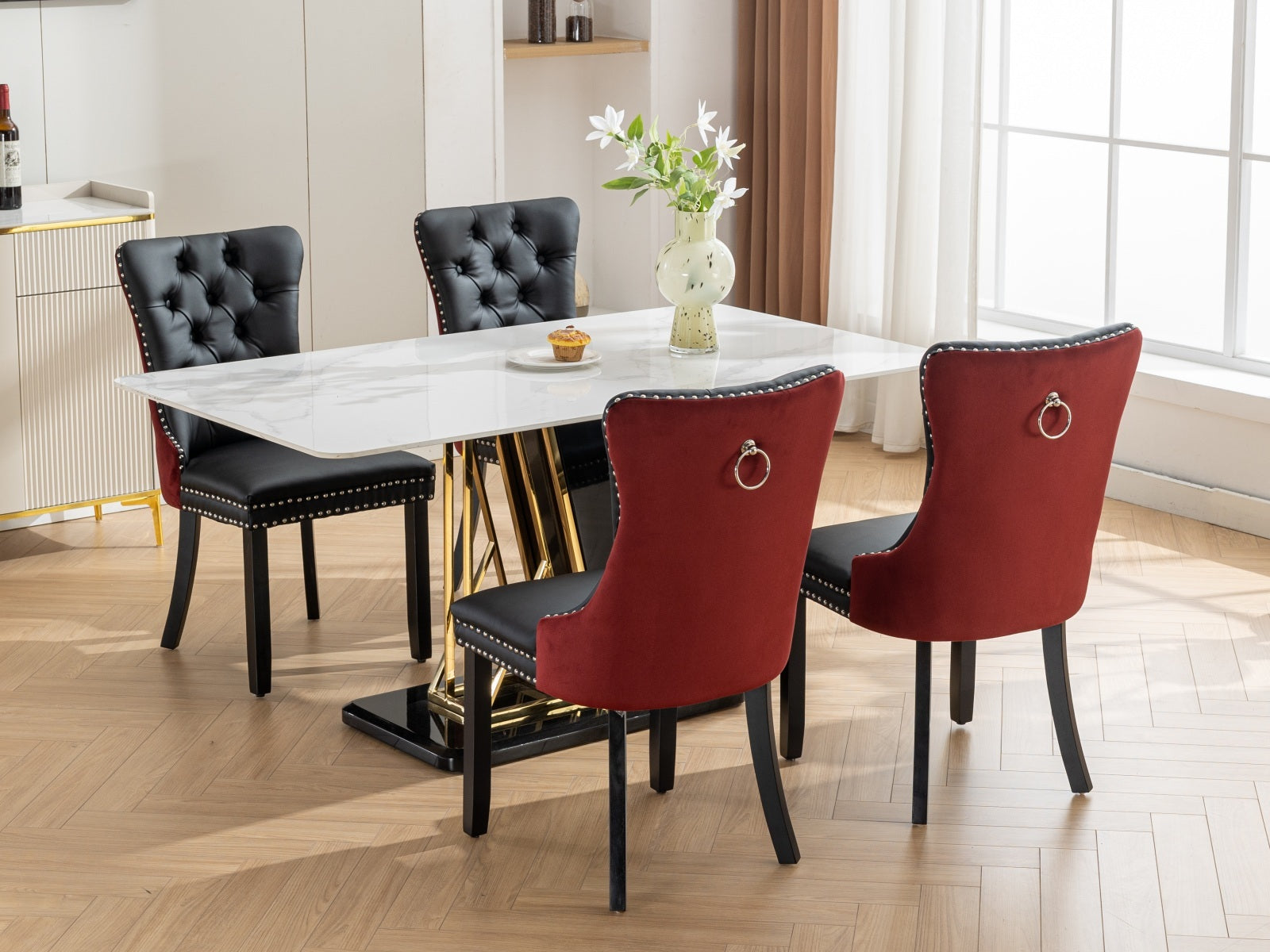 Tufted Solid Wood PU Upholstered Dining Chair with Wood Legs (Set of 2)