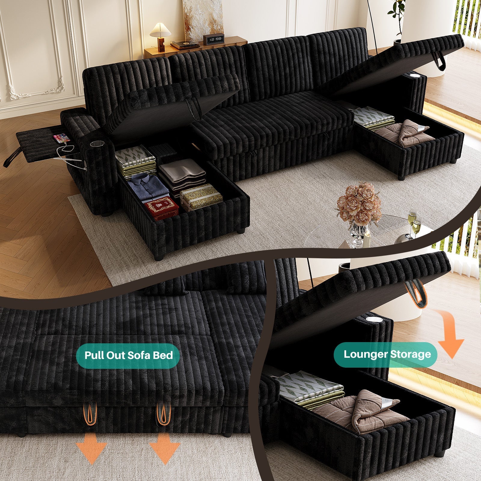 122" U-Shaped Sleeper Sofa Gray Pull Out Bed Sectional with Storage Chaise