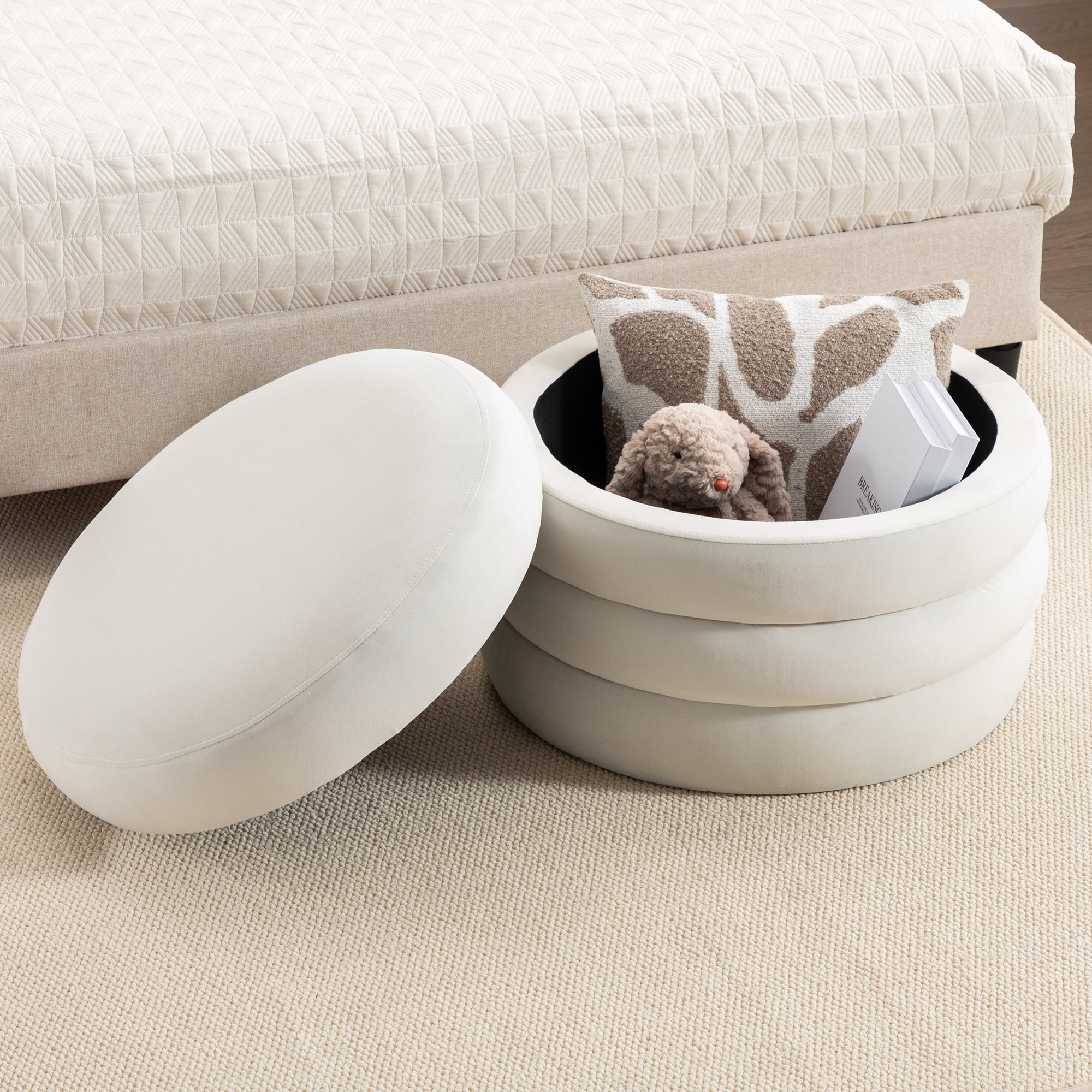 Velvet Fabric Storage Round Ottoman Footstool with Wooden Shelves
