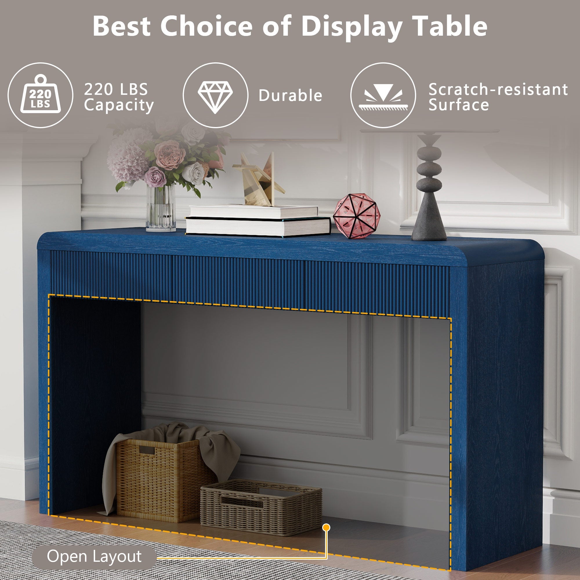 Rustic Solid Wood Veneer Entryway Table with 3 Fluted Drawers