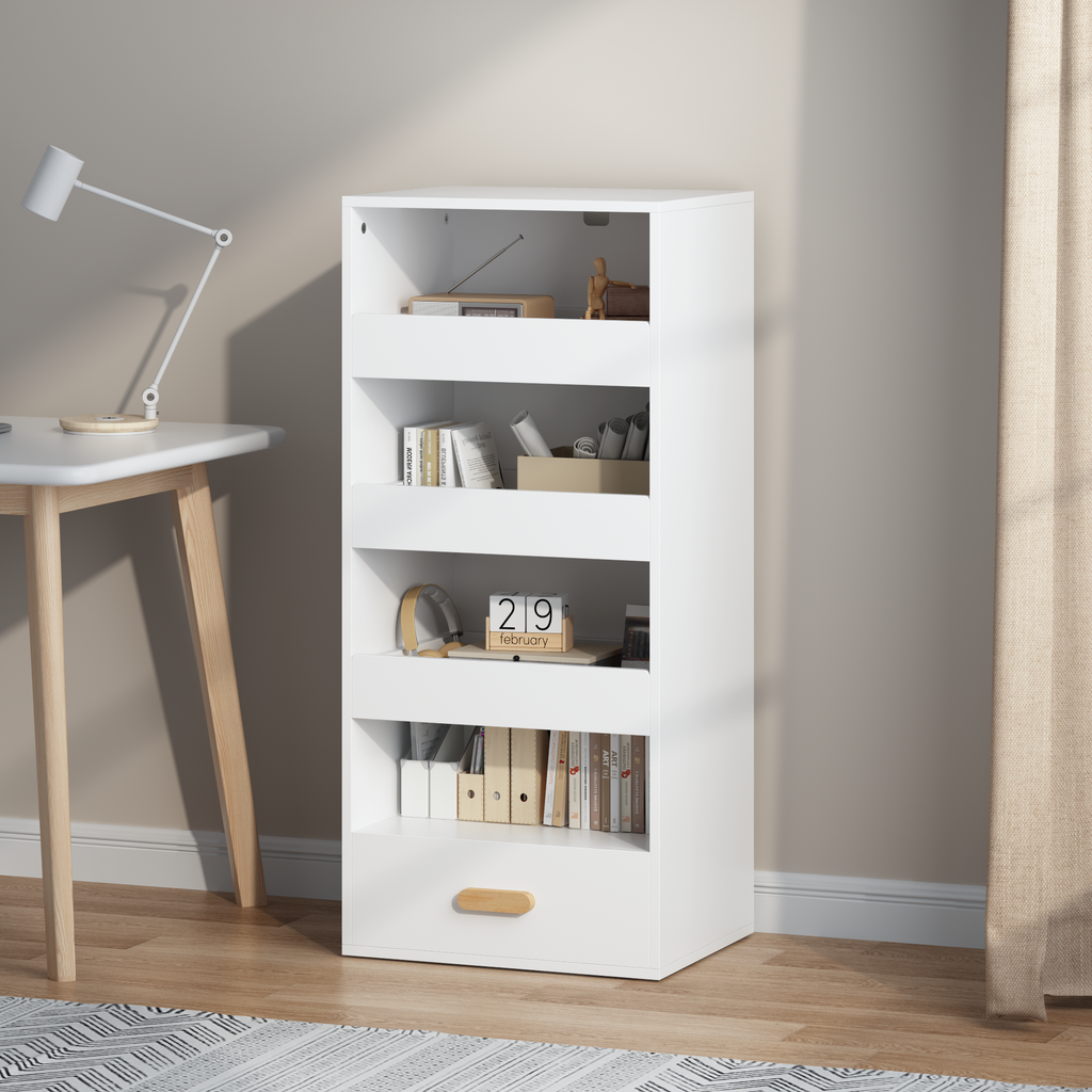 4-Tier Freestanding Bookshelf with 3 Sliding Drawers and 1 Bottom Drawer