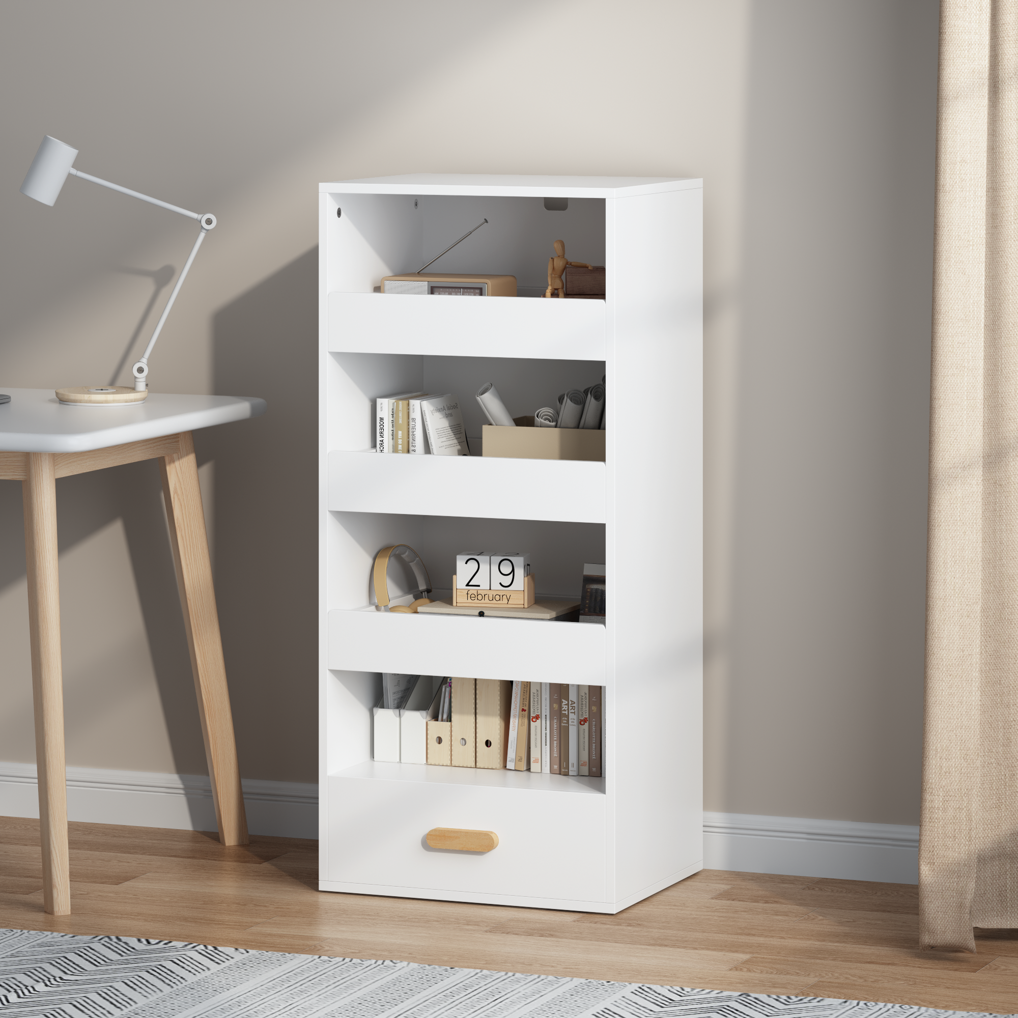 4-Tier Freestanding Bookshelf with 3 Sliding Drawers and 1 Bottom Drawer