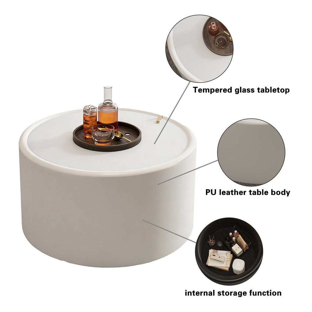 28“  PU Leather Round Coffee Table with Tempered Glass Top