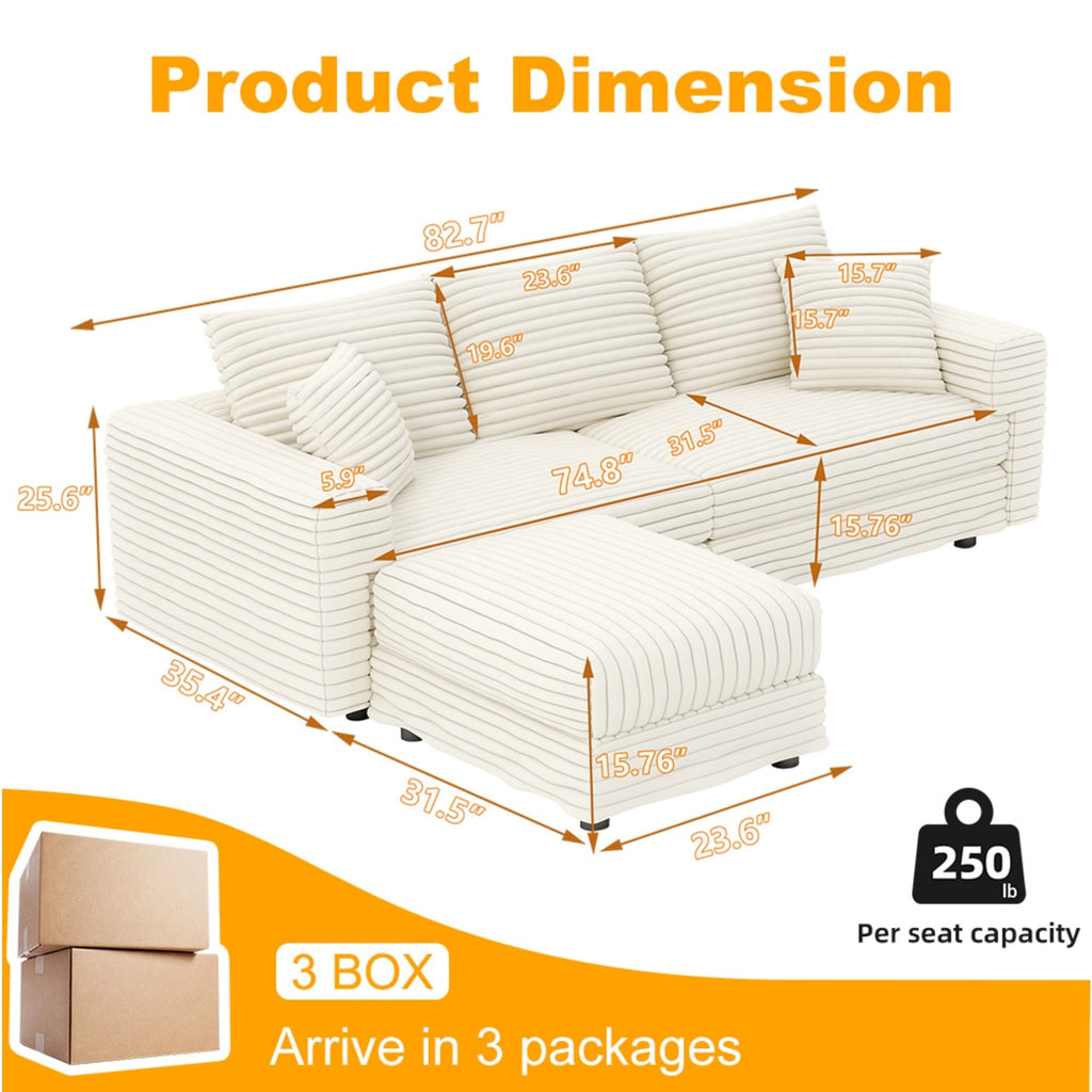 82.7' Modern Comfy Cloud Couch Sofa with Soft Pillows + Ottomans Option