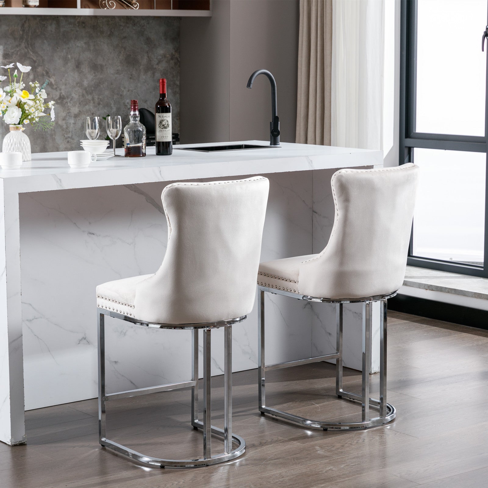 Luxury Elegant Nailhead Trim Tufted Velvet Bar Stools (Set of 2)