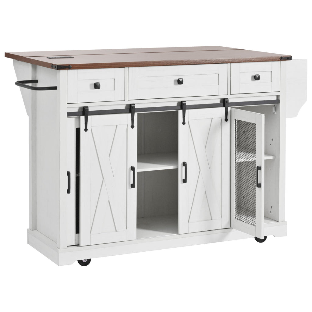 58“ Farmhouse Kitchen Island with Storage Sliding Barn Door Metal Grid Side Door