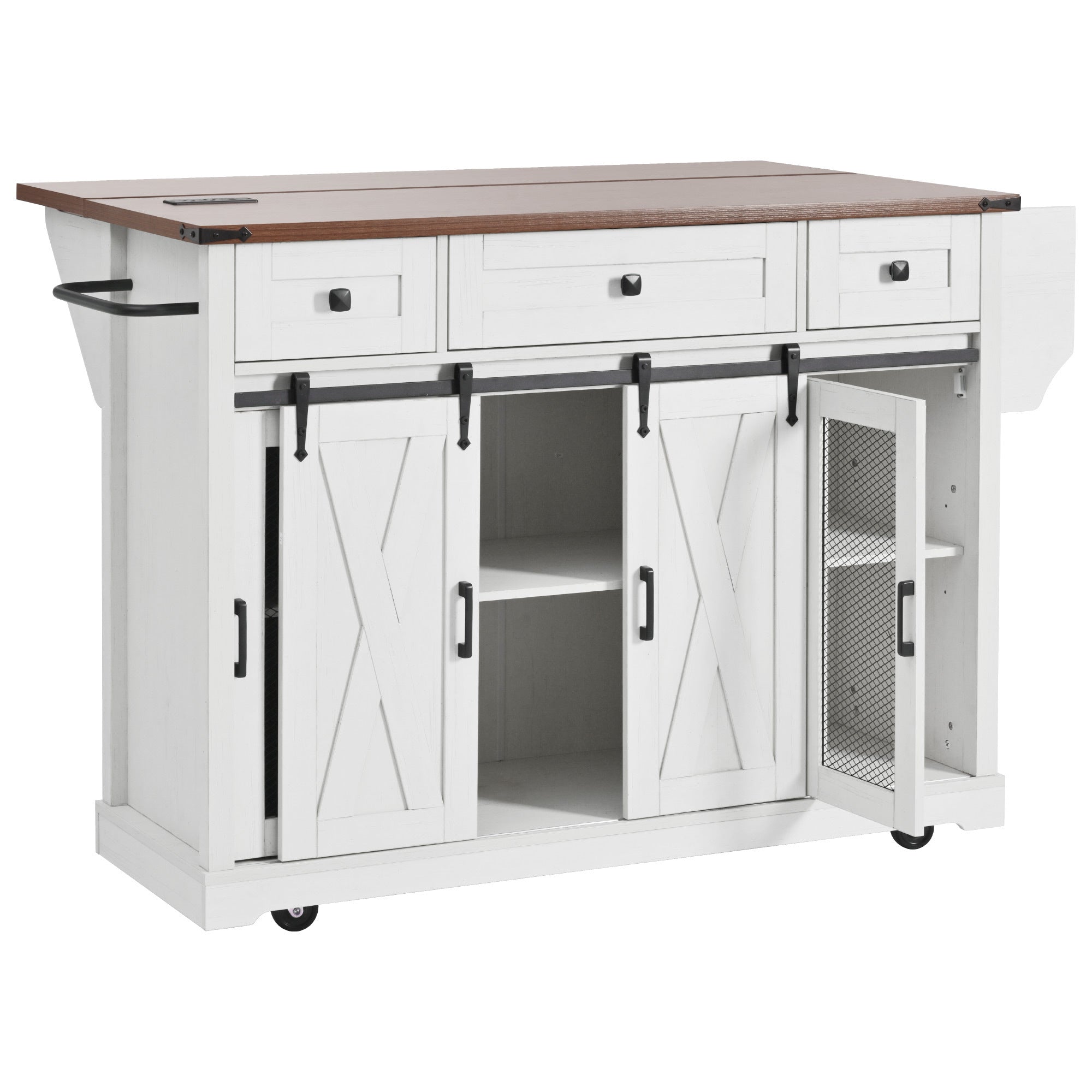 58“ Farmhouse Kitchen Island with Storage Sliding Barn Door Metal Grid Side Door