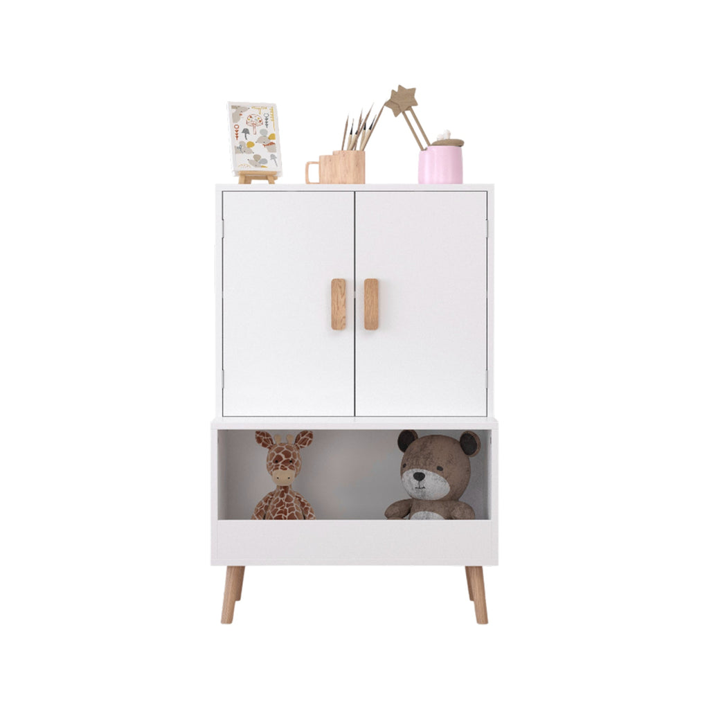 White Modern Wooden Toy Storage Cabinet with Natural Wood Legs
