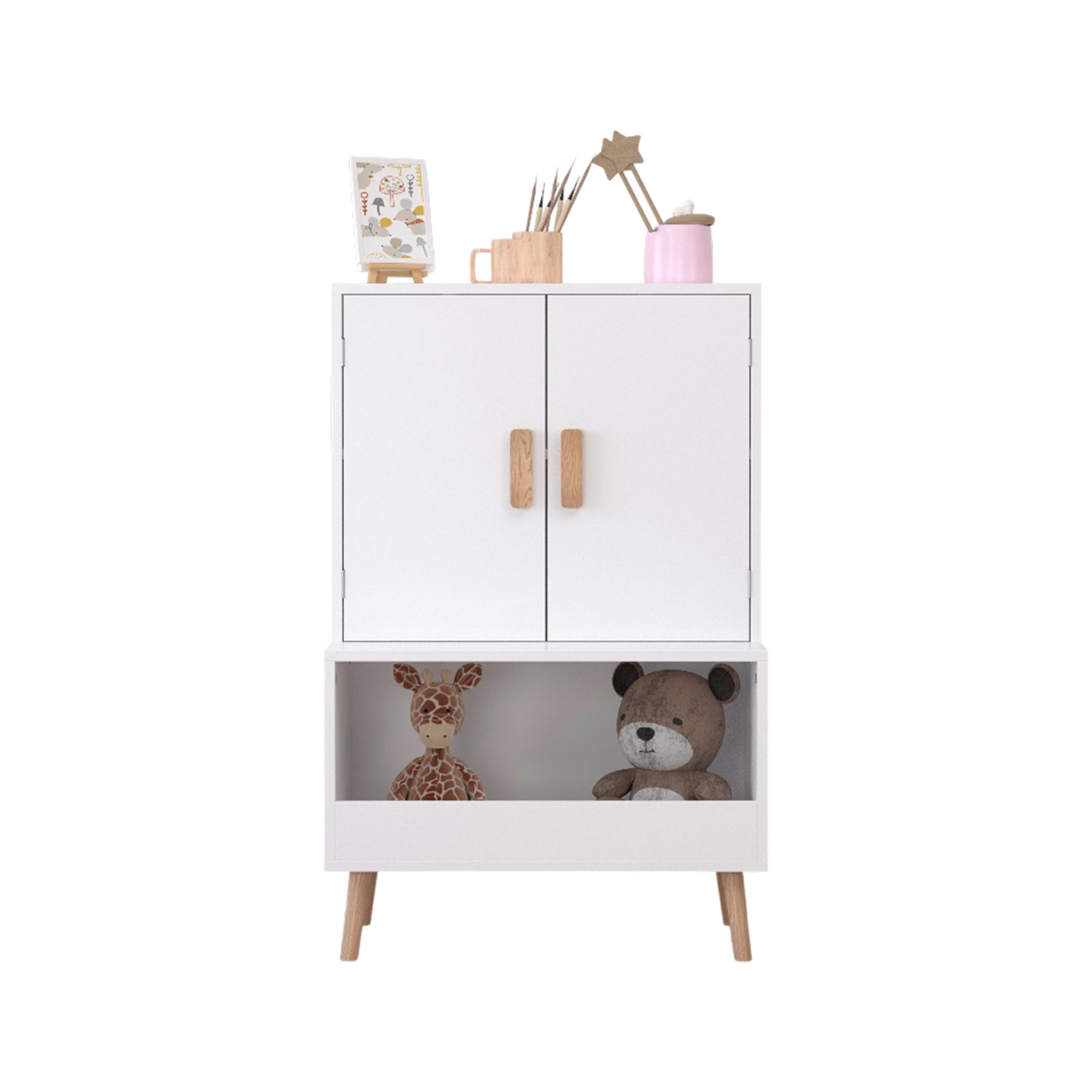 White Modern Wooden Toy Storage Cabinet with Natural Wood Legs