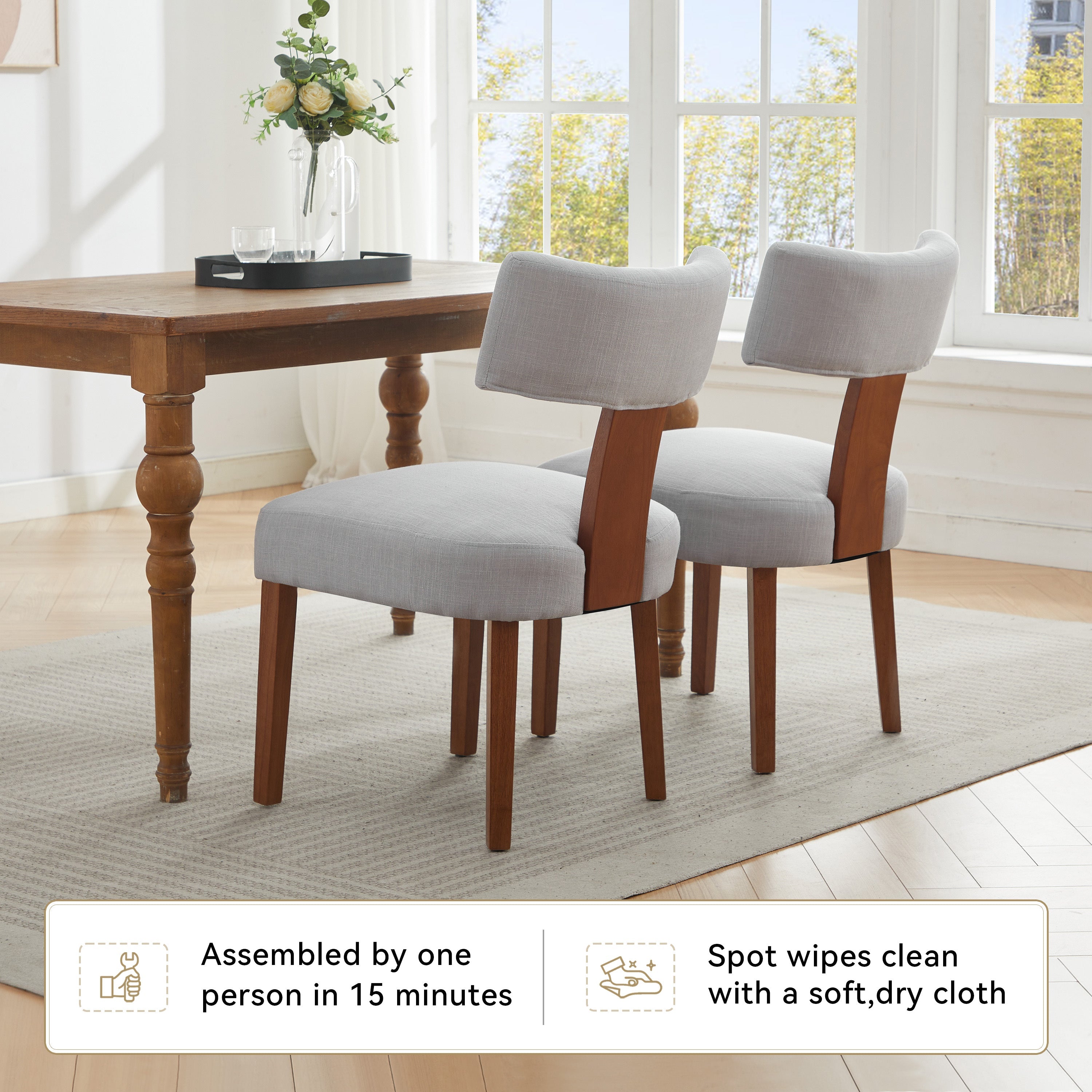 2Pcs  Modern Armless Dining Chairs With Curved Wingback and Solid Wooden Legs
