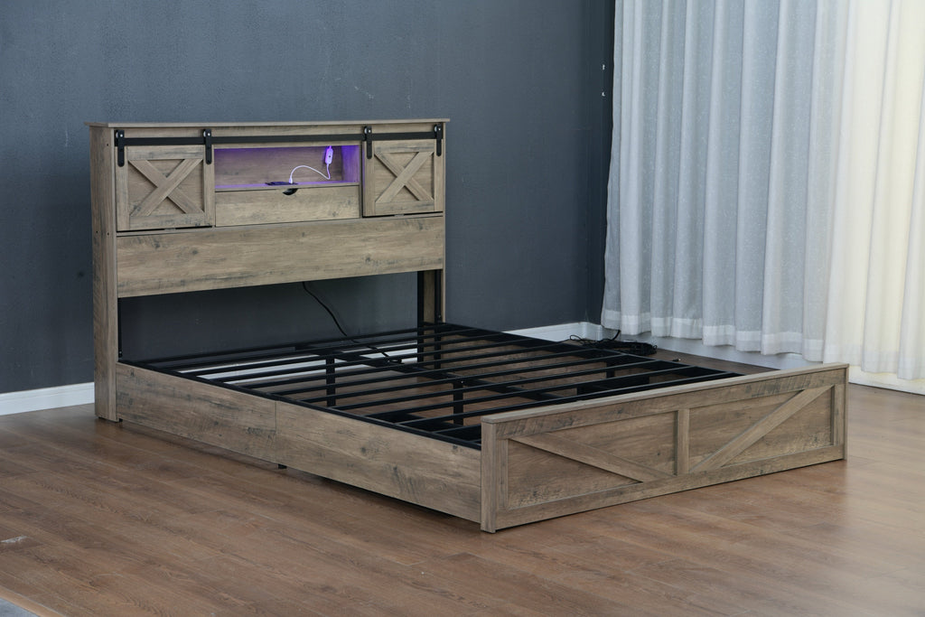 Farmhouse Bed Frame Queen Size with LED Lights and Charging Station