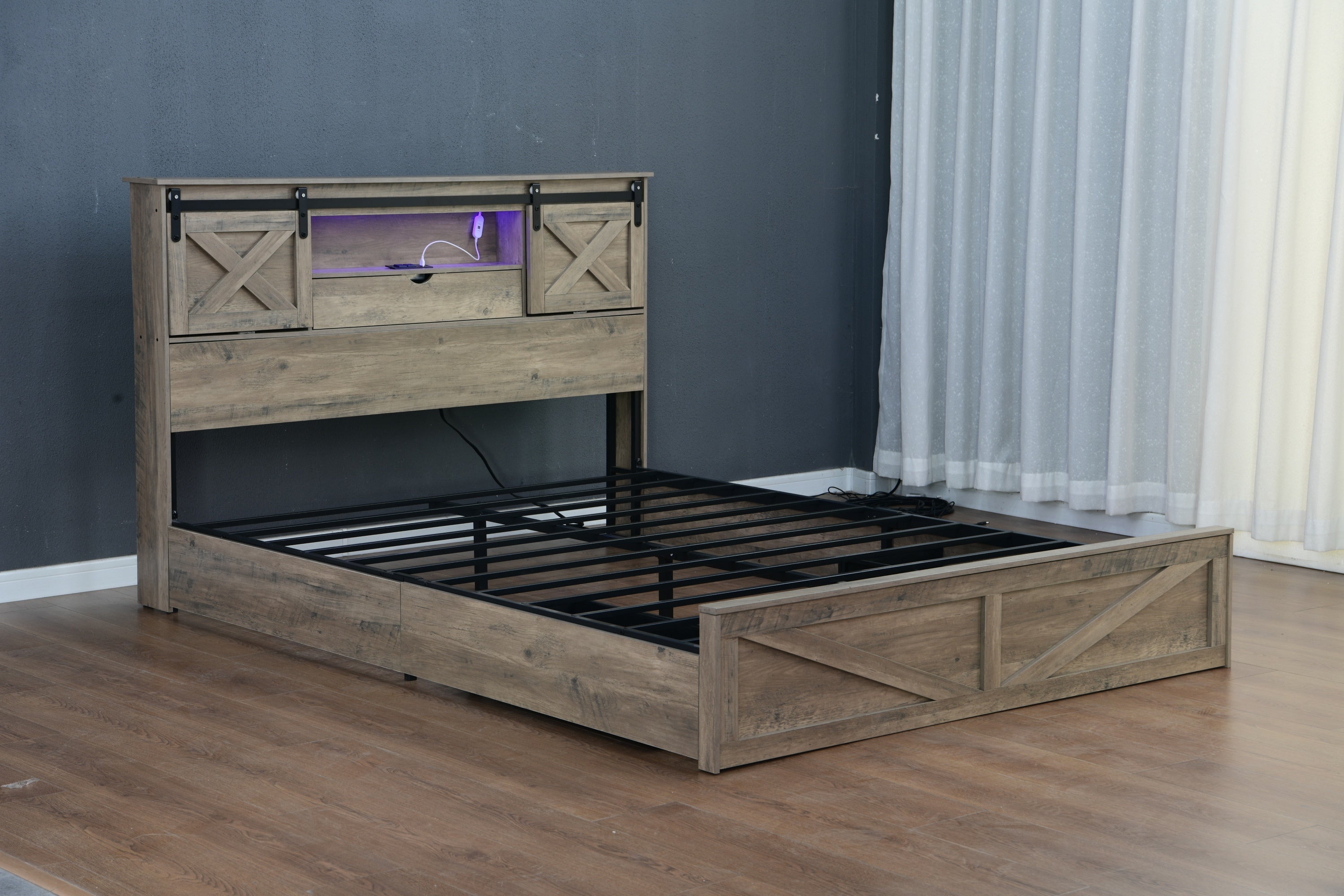Farmhouse Bed Frame Queen Size with LED Lights and Charging Station