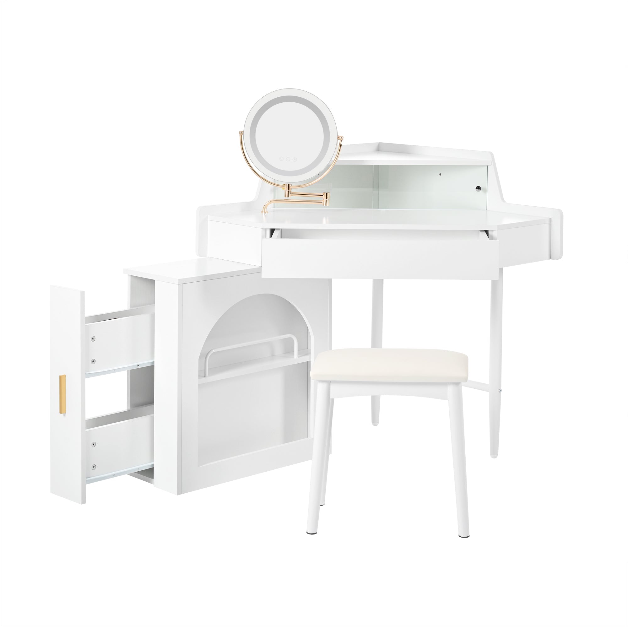 Modern Corner Vanity Set with Mirror and Stool