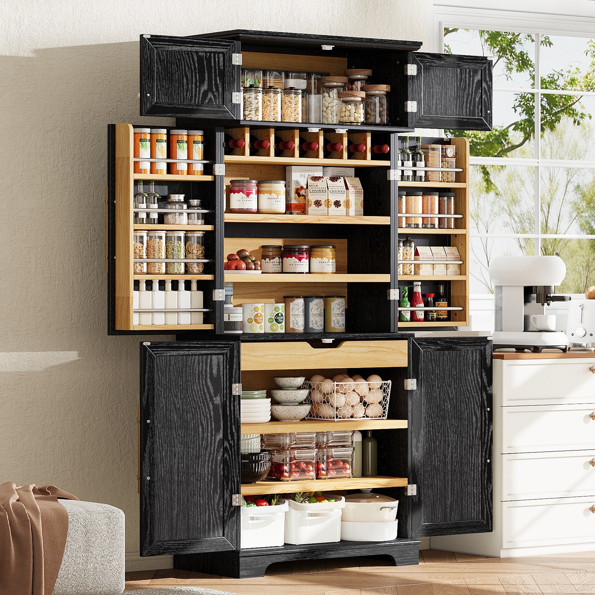 78" Tall Farmhouse Kitchen Pantry Cabinet with Shelves Drawer Wine Rack