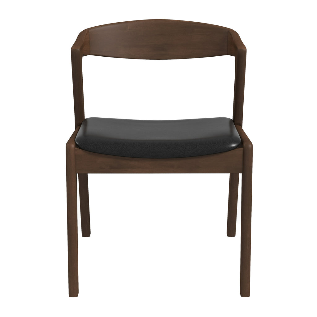 Mid-Century Solid Wood Dining Chair Set with Black Leather Upholstery (Set of 2)