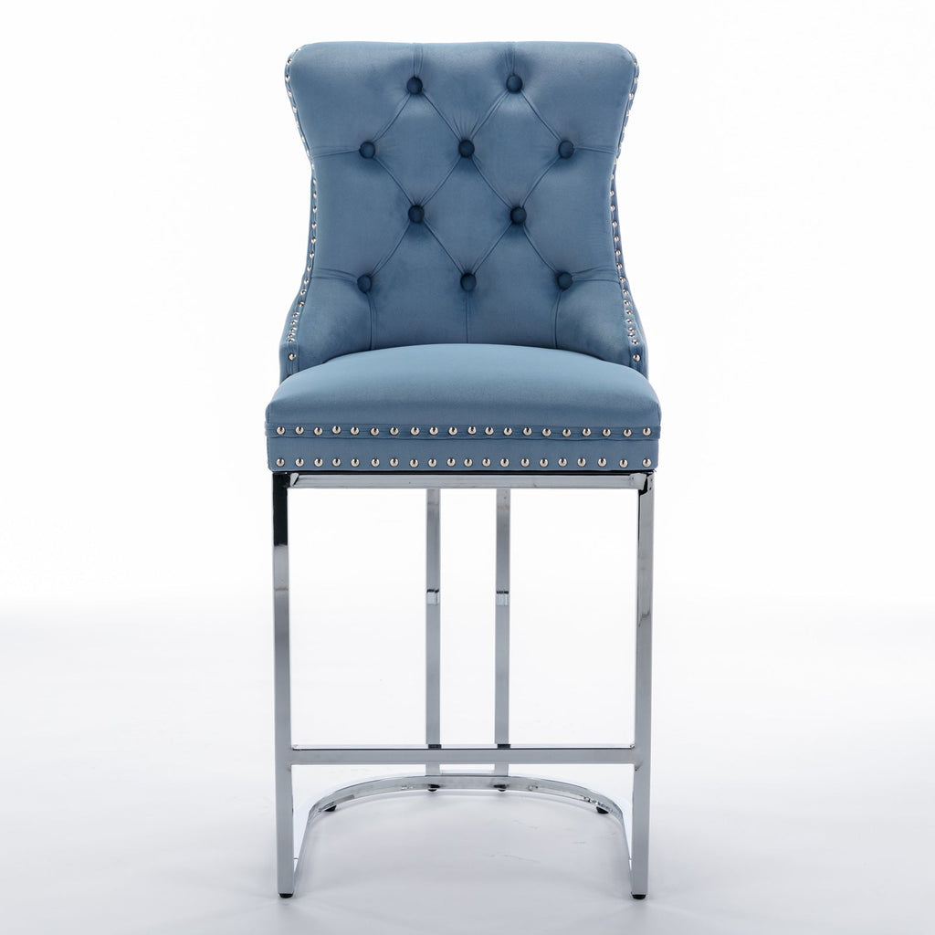 Luxury Elegant Nailhead Trim Tufted Velvet Bar Stools (Set of 2)