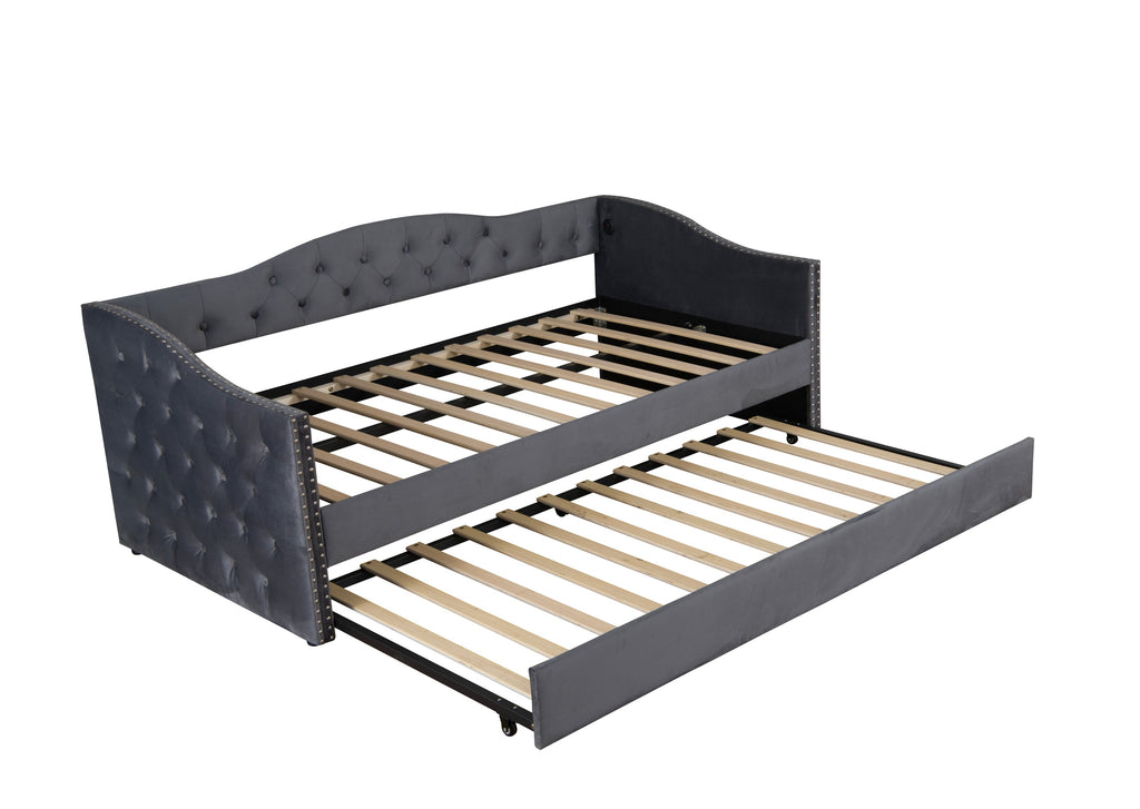Twin Size Upholstered Daybed with Trundle and USB Charging Design