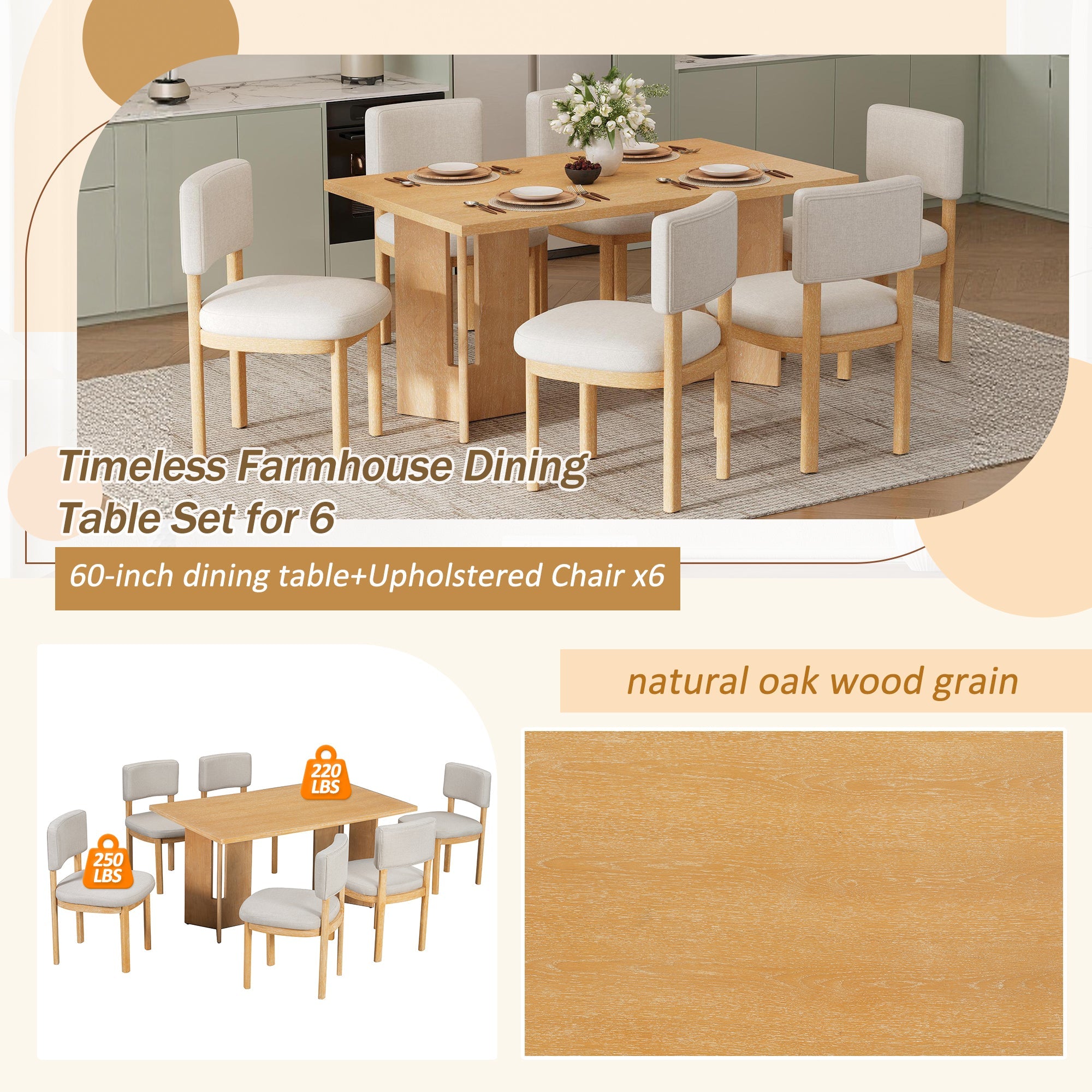 Farmhouse Dining Table Set with 6 Upholstered Chairs