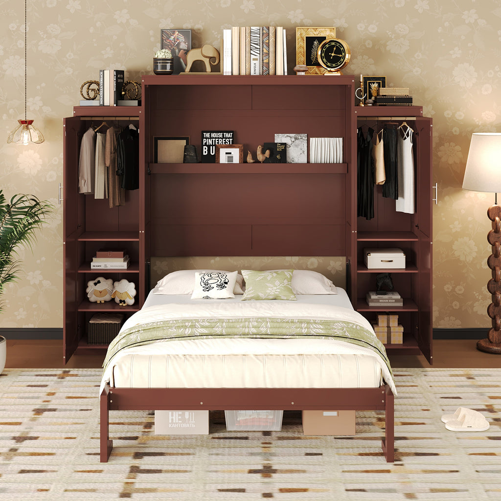 Wooden Queen Wall Bed with 2 Wardrobe and Storage Shelf