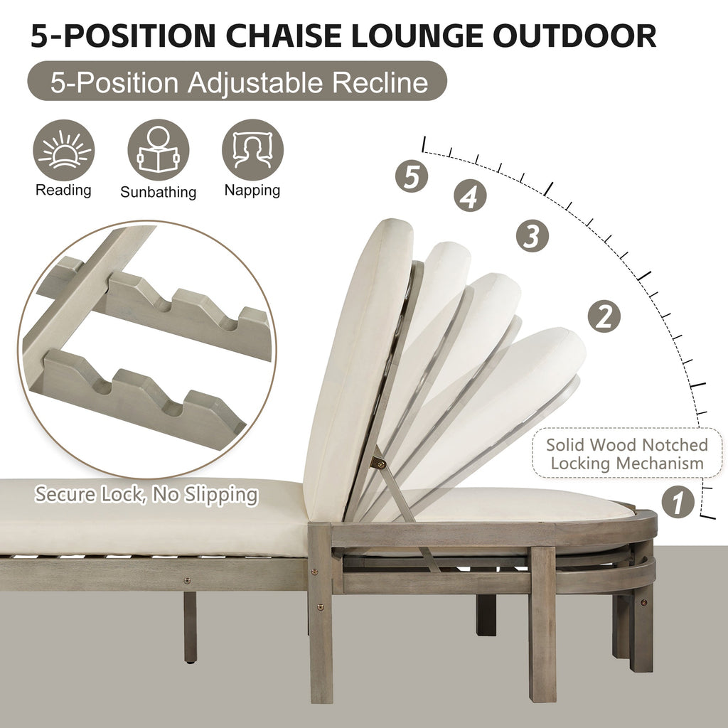 Acacia Wood Chaise Lounge Chairs 5-Position Adjustable Backrest for Patio Poolside