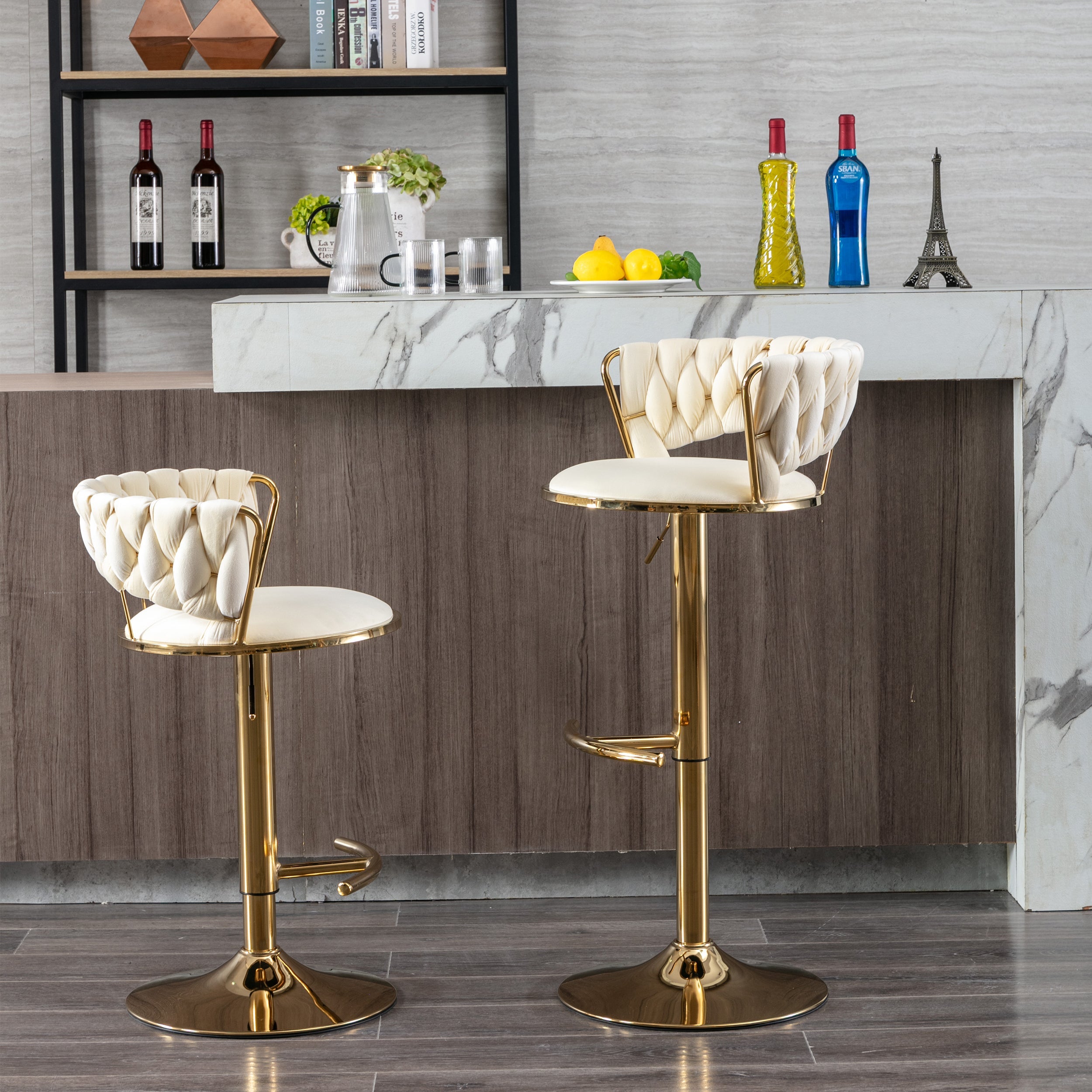 Swivel Height Adjustable Velvet Bar Stools with Golden Leg (Set of 2 )