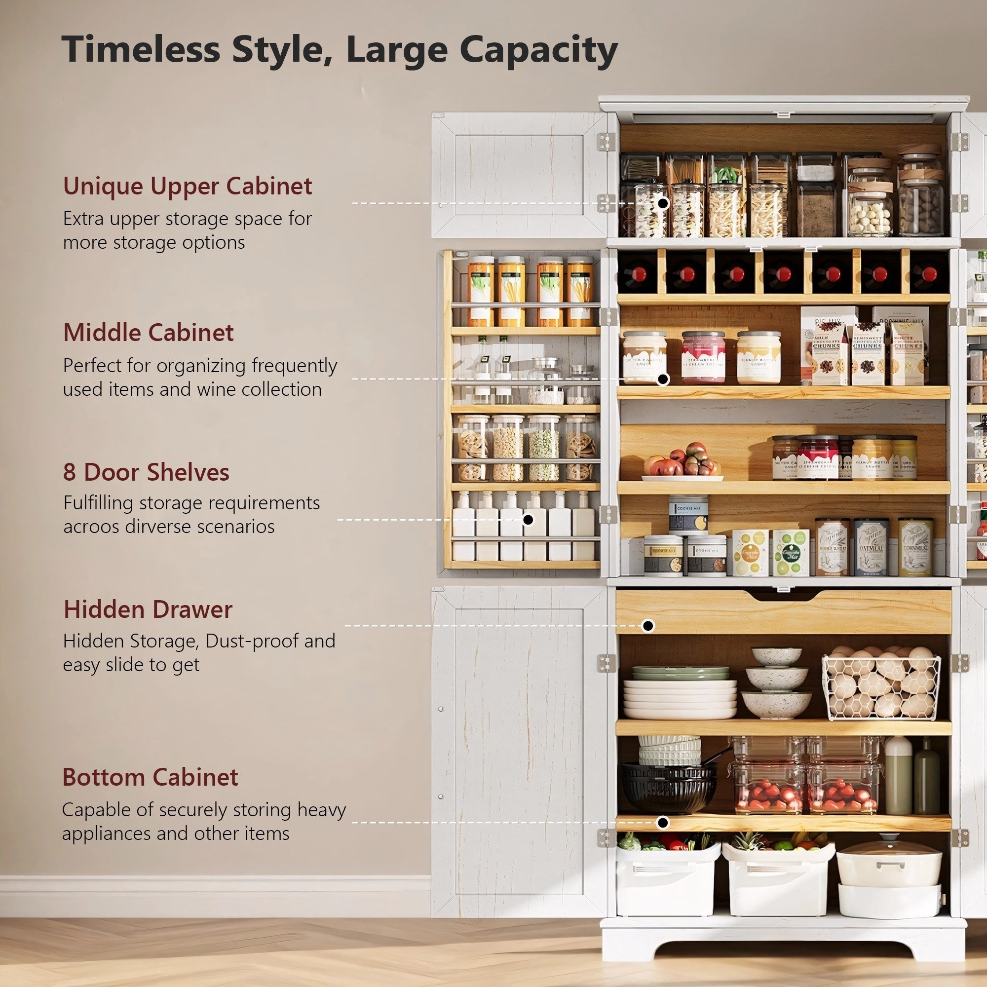 78" Tall Farmhouse Kitchen Pantry Cabinet with Shelves Drawer Wine Rack
