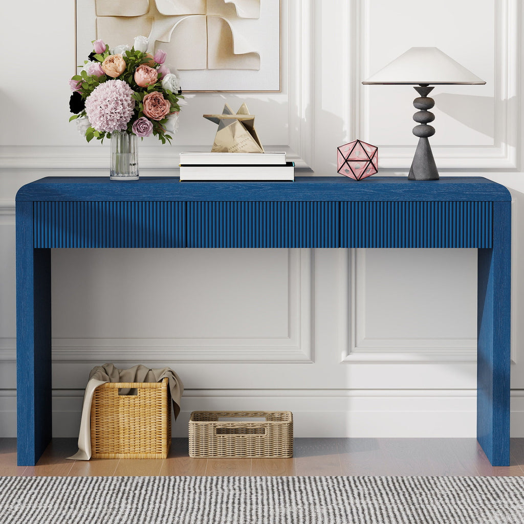 Rustic Solid Wood Veneer Entryway Table with 3 Fluted Drawers