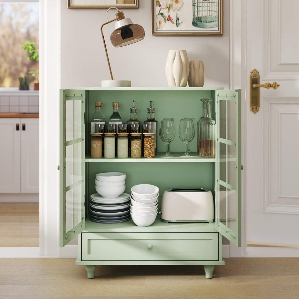 Minimalism Buffet Cabinet with Double Glass Doors and Drawer Mint Green
