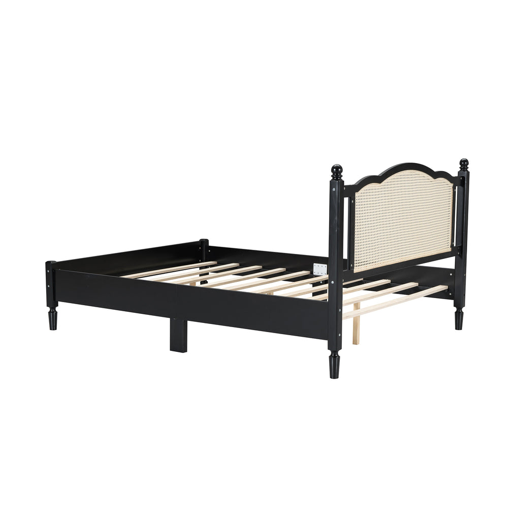 Queen Size Wooden Platform Bed with Natural Rattan Headboard